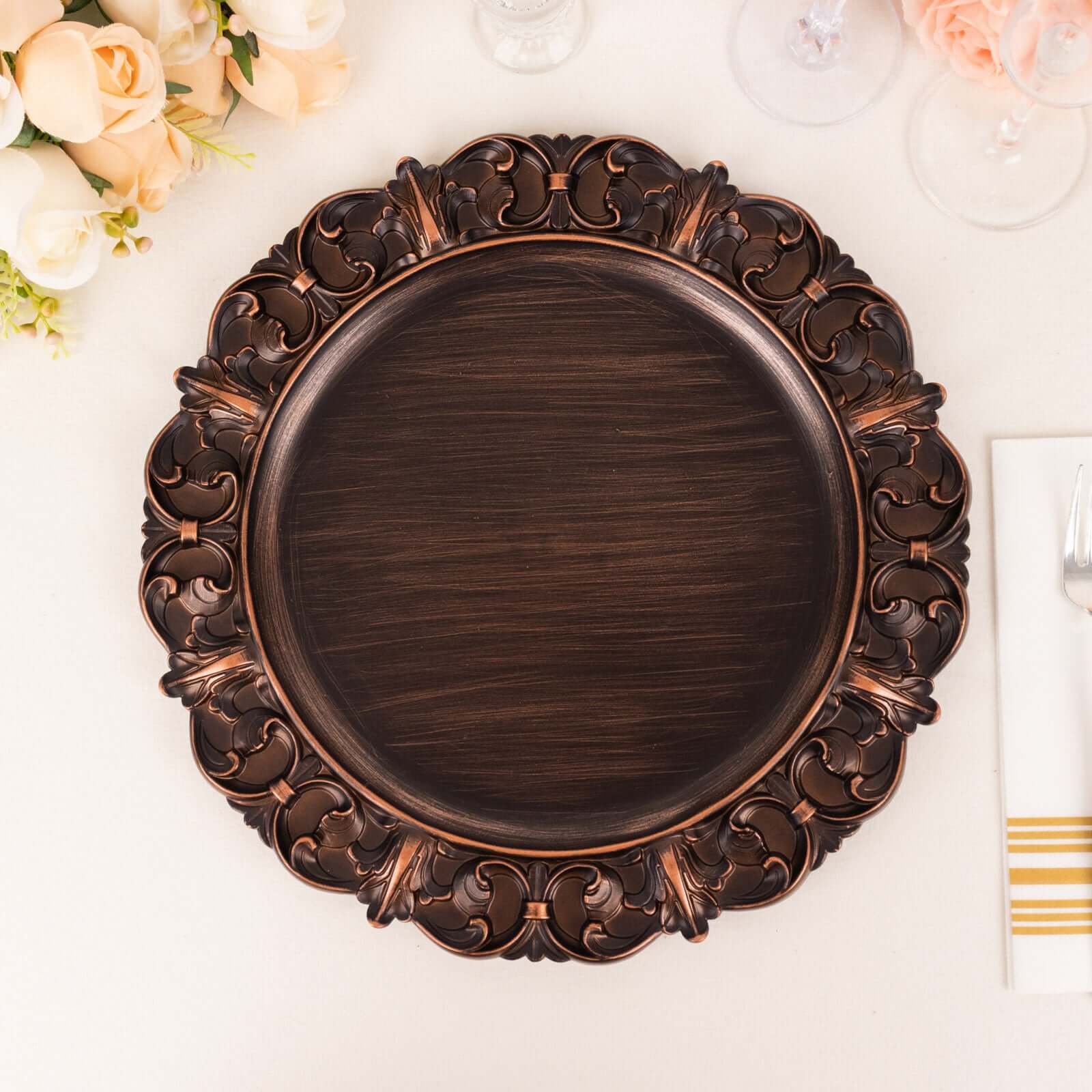 6-Piece Set of 13-Inch Dark Brown Acrylic Round Chargers with Elegant Retro Baroque Rim