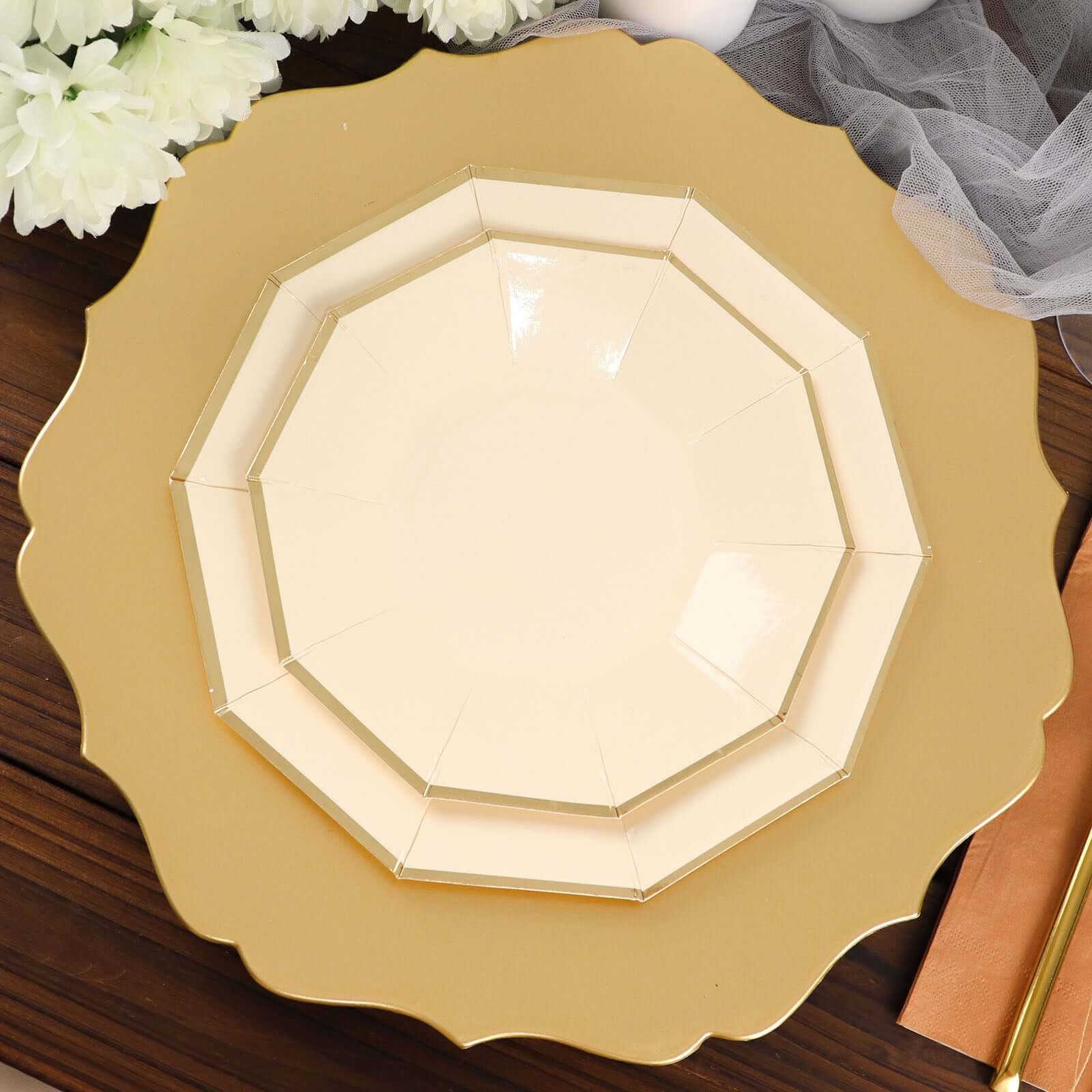 Get 25-Pack of 7-Inch Beige Paper Appetizer Plates with Stylish Gold Foil Rim