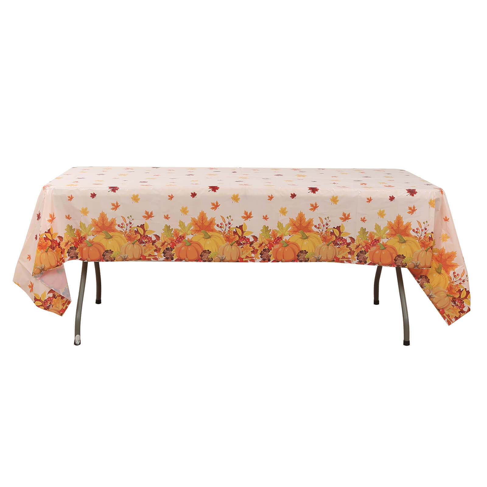 5-Pack Orange Thanksgiving Plastic Rectangle Tablecloths with Fall Leaves & Pumpkin Print - Festive PVC Disposable Covers