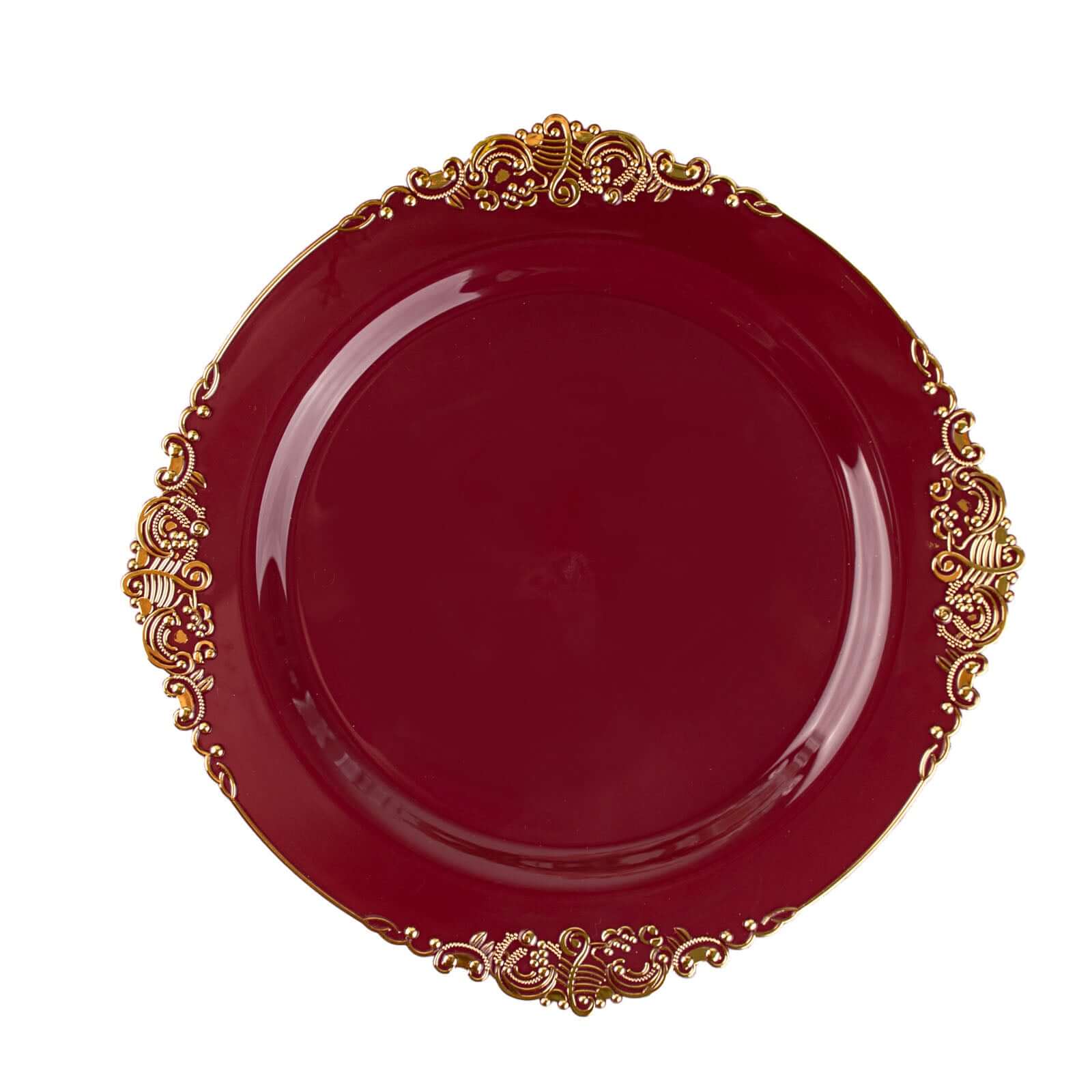 Hot Deal! 10-Pack Disposable Burgundy Plastic Round Dinner Plates with Gold Leaf Embossed Rim, Vintage Baroque Style