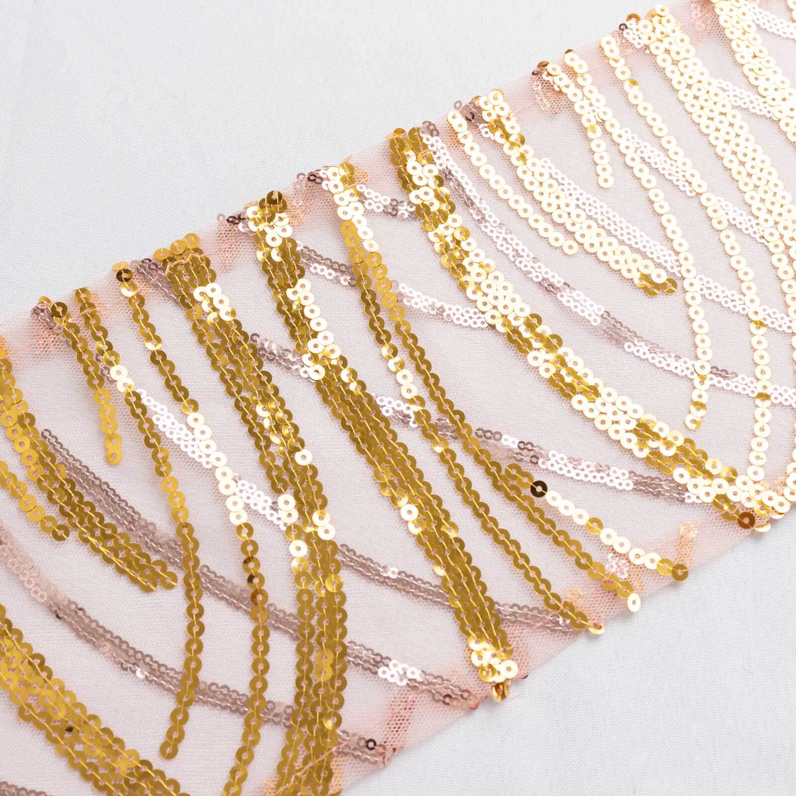 5-Piece Set of Rose Gold/Gold Chair Sashes with Sparkling Wave Embroidered Sequins, 6x88