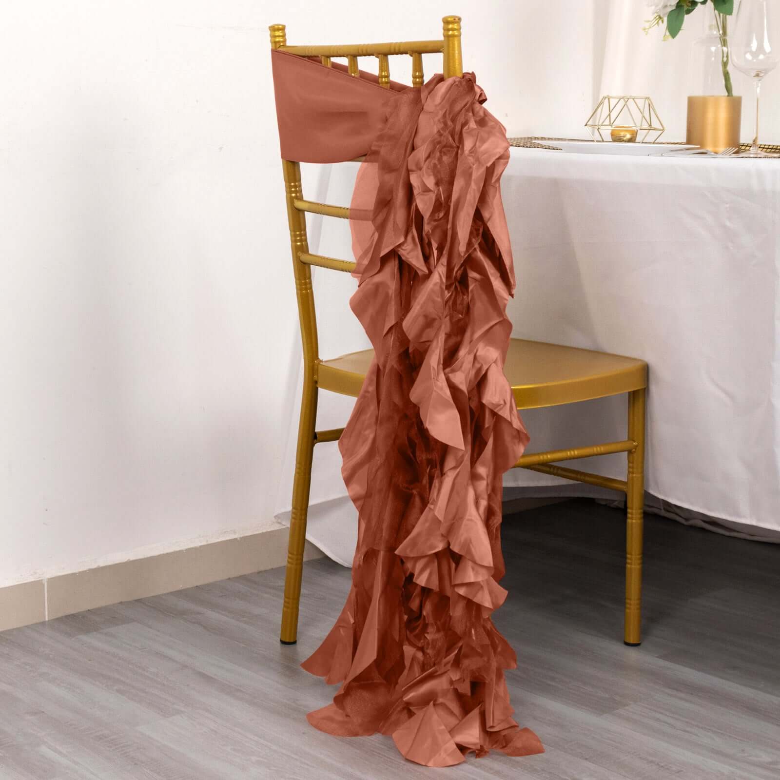 5-Pack Terracotta (Rust) Chiffon Satin Curly Willow Chair Sashes - Easy Install