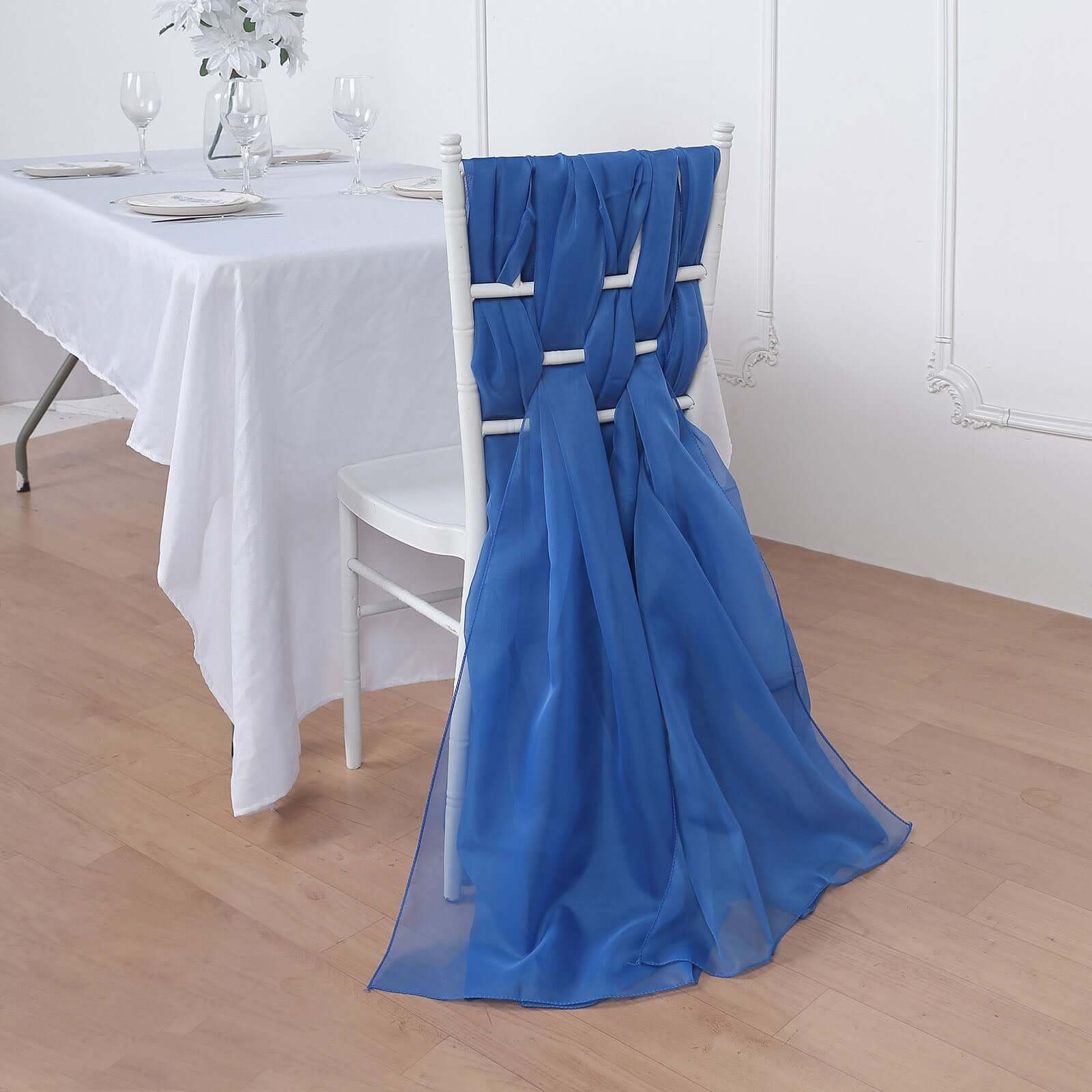 Premium Royal Blue Chiffon Chair Sashes - Set of 5, Soft & Lightweight Designer Bows (22x78)