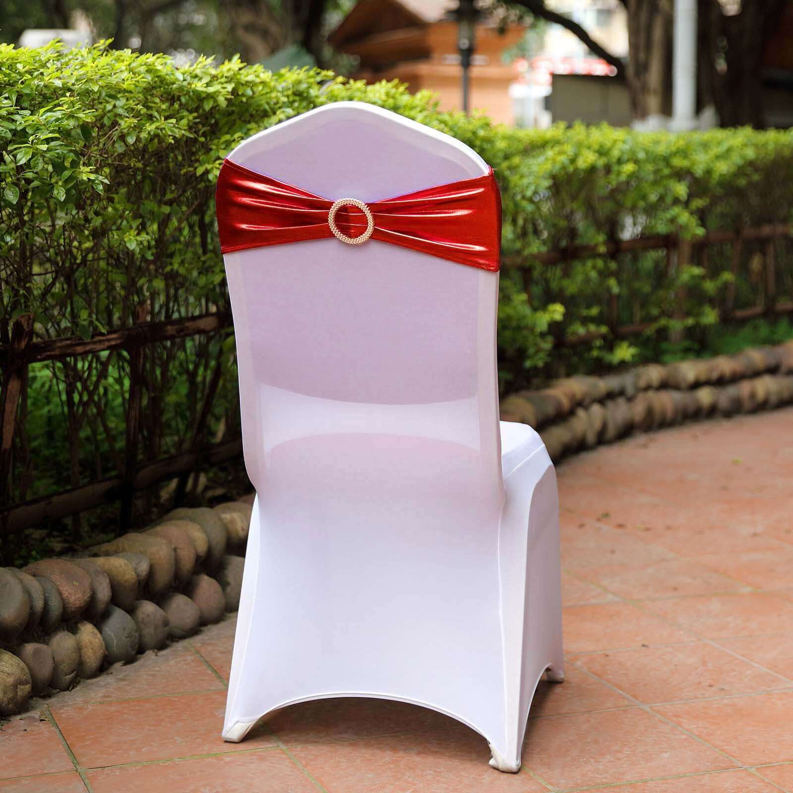 5-Pack Metallic Red Spandex Chair Sashes with Round Diamond Buckles - Stretch Fit for Parties