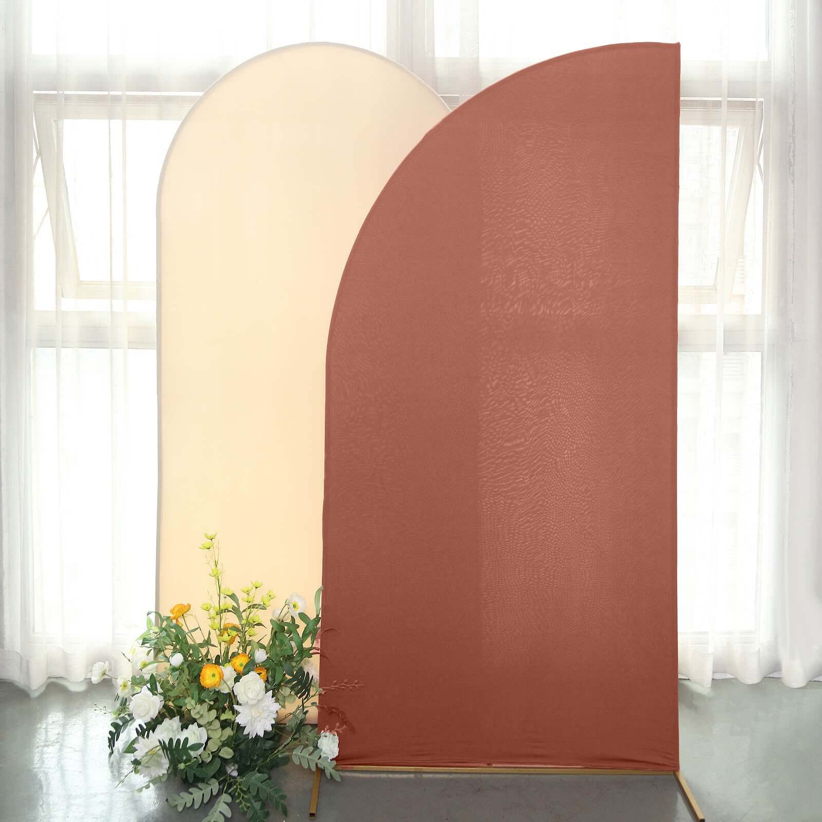 Hot Deal! 7ft Custom-Fitted Spandex Half Moon Chiara Matte Terracotta (Rust) Wedding Arch Backdrop Stand Cover