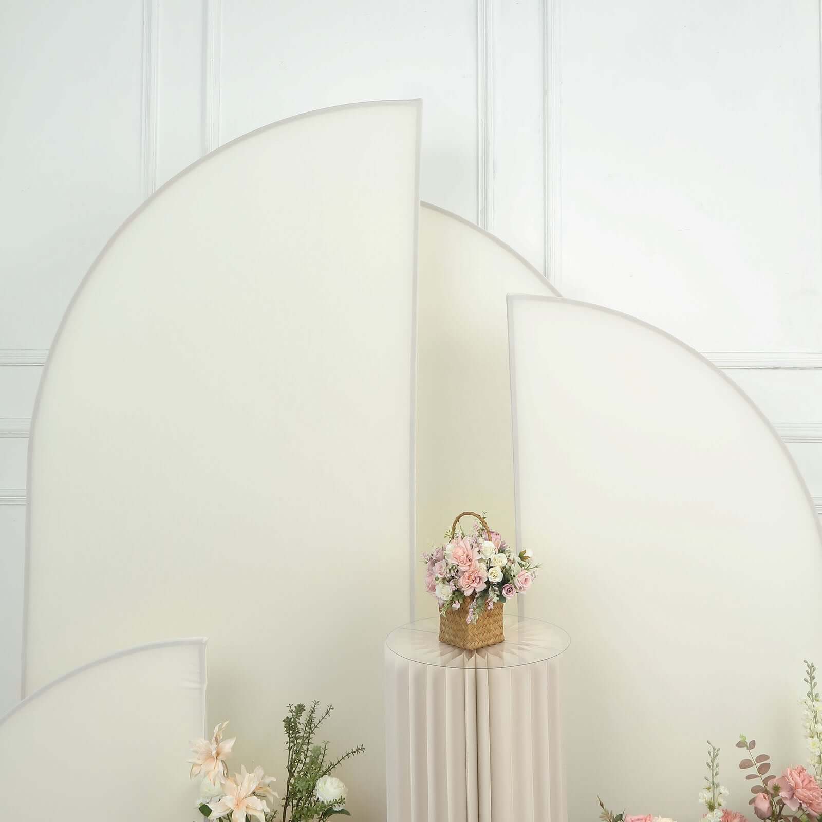 Get 4-Piece Matte Ivory Spandex Half Moon Wedding Arch Covers - Sizes 2.5ft - 7ft