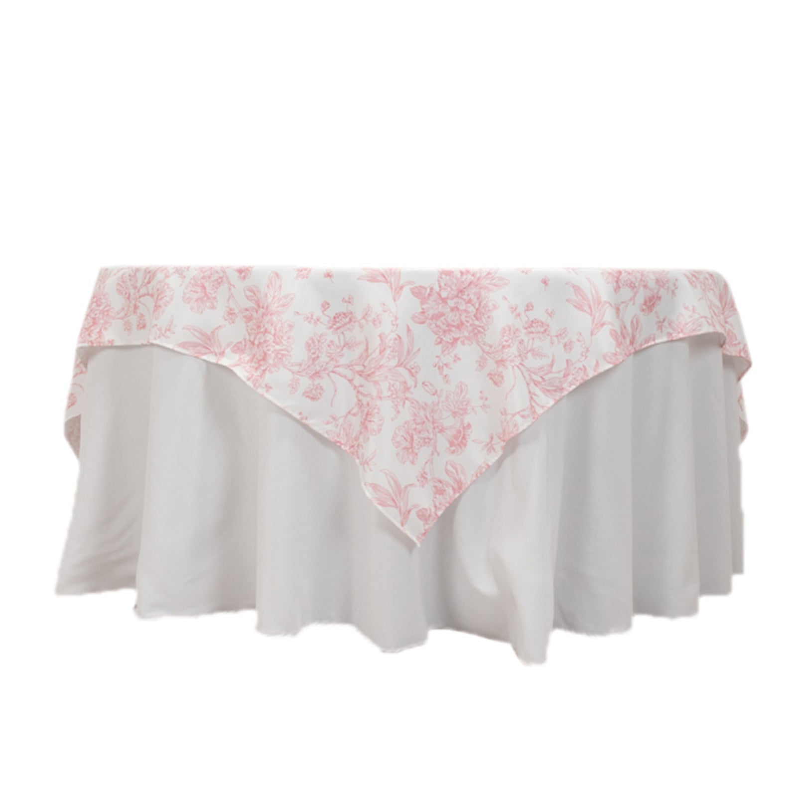 70x70 Polyester White - Pink French Toile Pattern Square Table Overlay for Elegant Gatherings