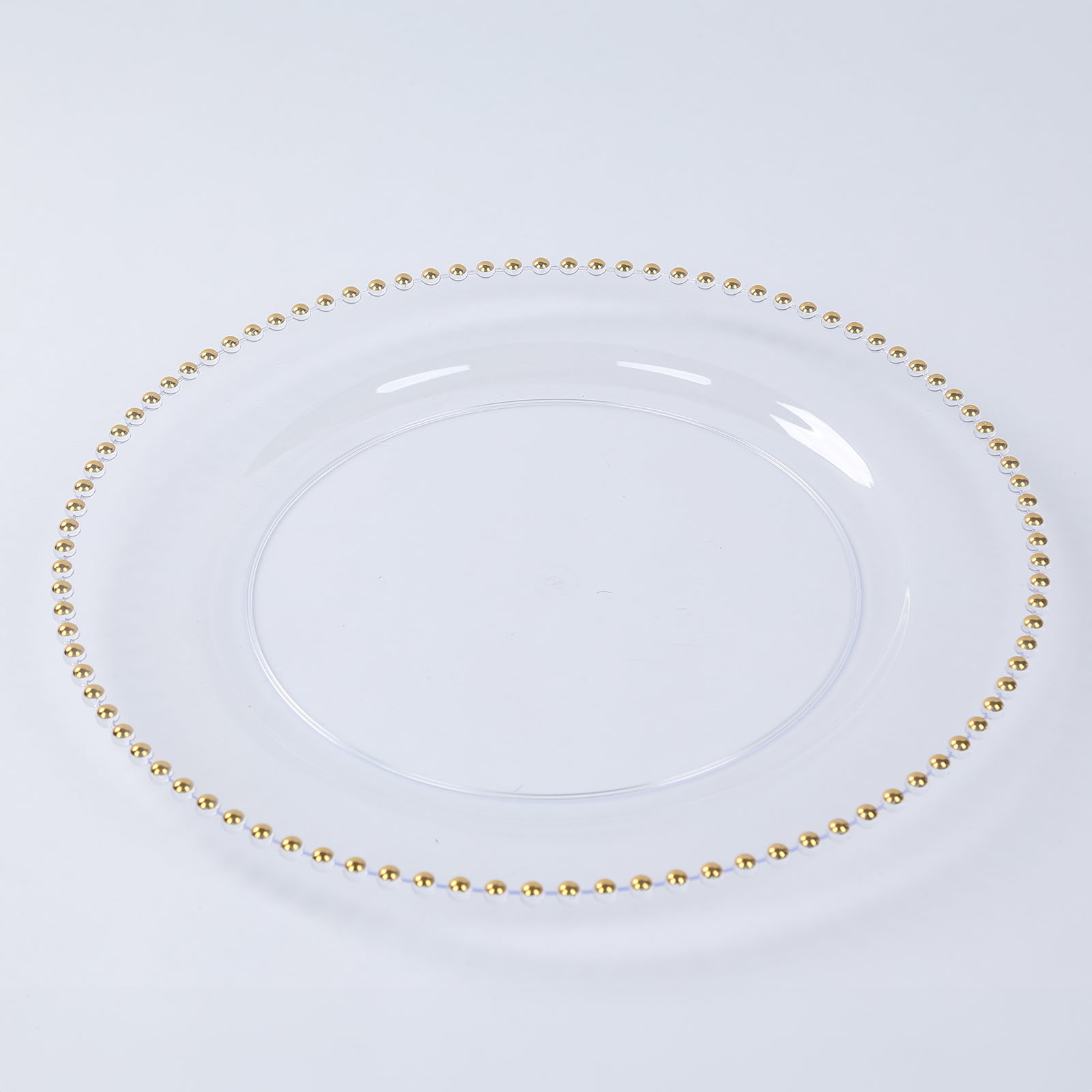 10-Piece Set of Clear 13-Inch Round Plastic Charger Plates with Gold Beaded Rim for Stylish Dinner Parties