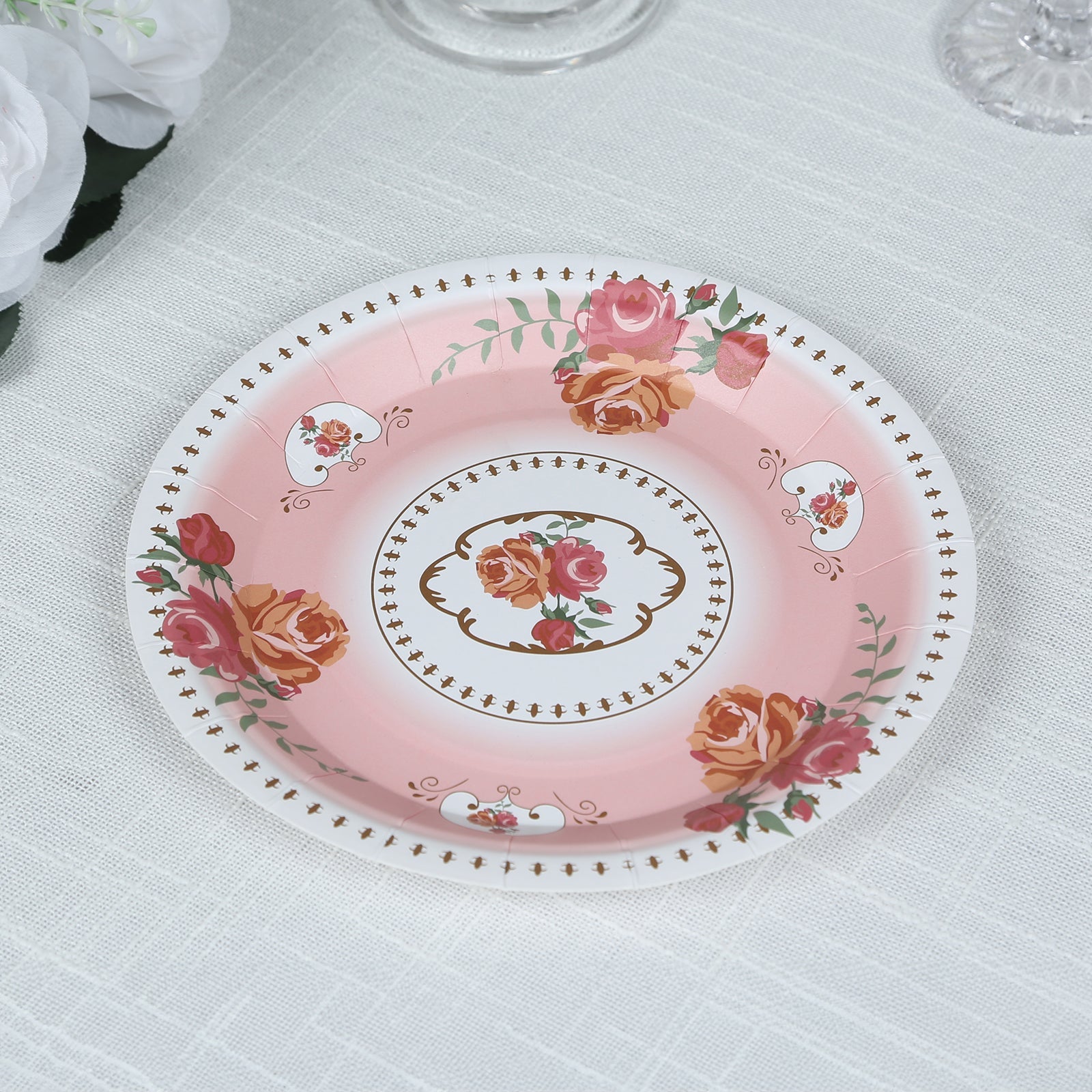 25-Piece Set of 7-Inch Dusty Rose Disposable Paper Dessert Plates with Vintage Rose Prints