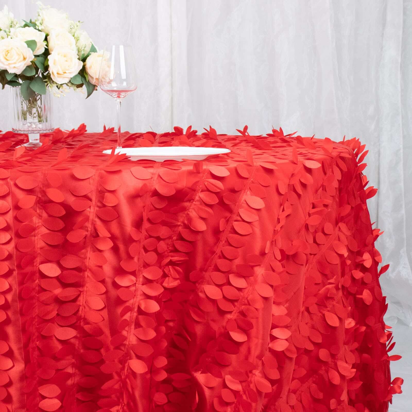 Hot Sale! Red 132-Inch Round Taffeta Tablecloth with 3D Leaf Petal Design