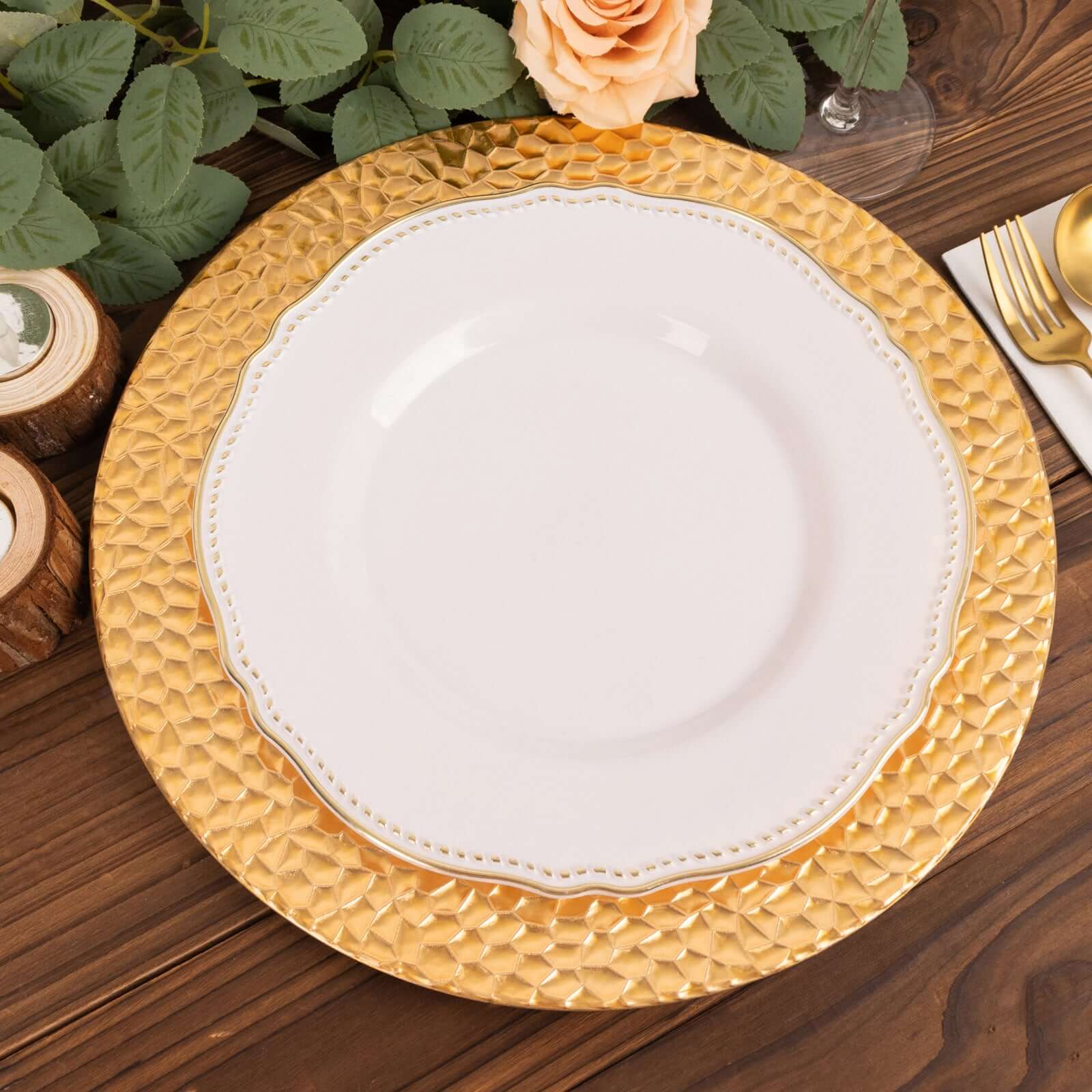 6-Piece Set of 13-Inch Metallic Gold Acrylic Round Charger Plates with Hammered Edge for Dinner Parties