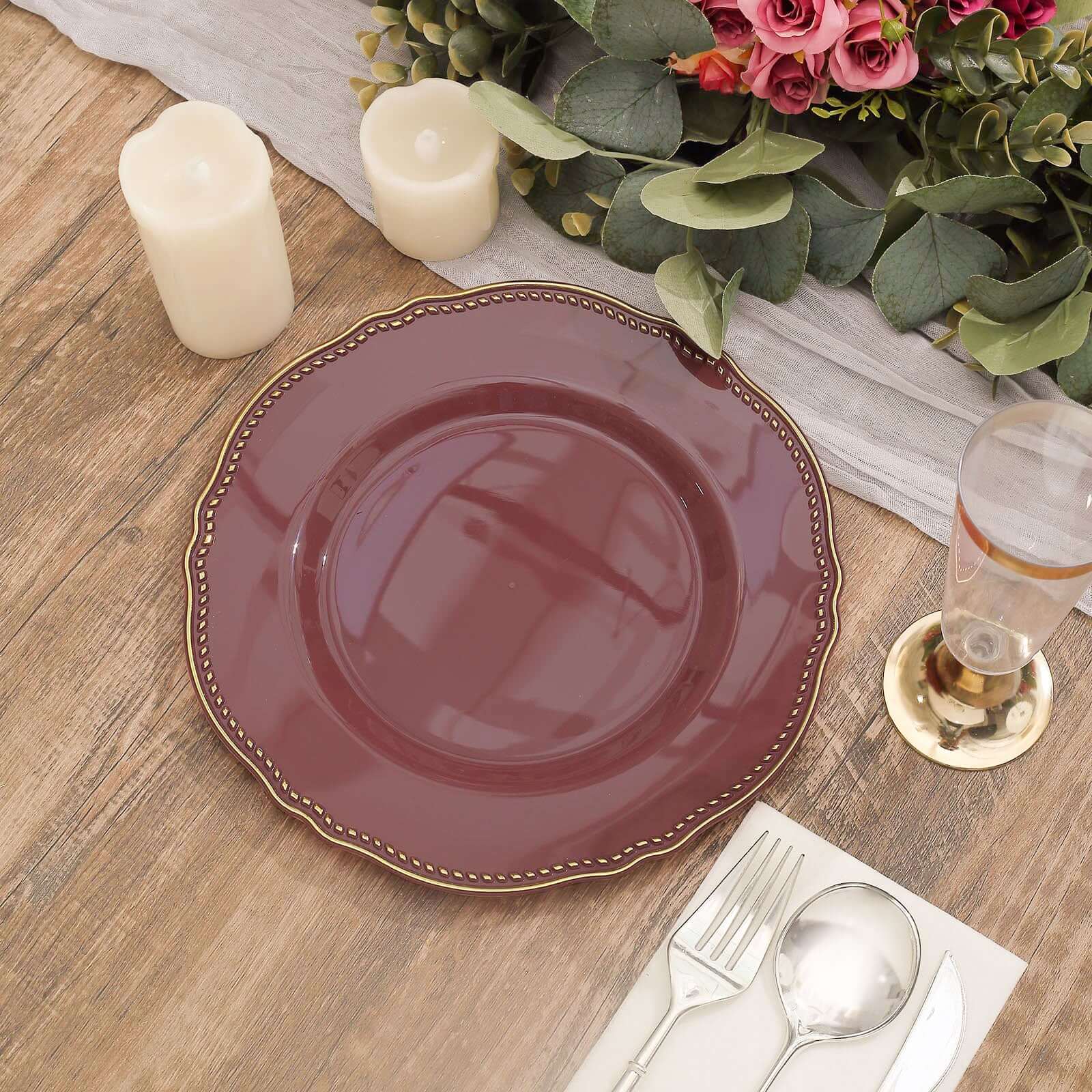 Hot Deal! 10-Pack 9" Disposable Plastic Dinner Plates in Cinnamon Rose with Gold Rim