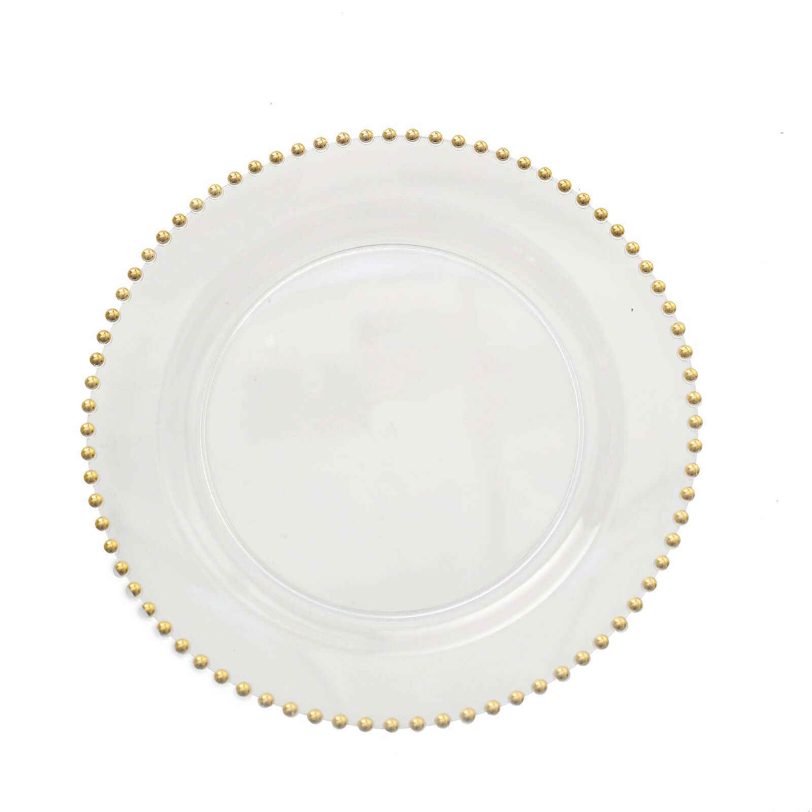 Get 10-Pack of Disposable Round Clear Plastic Dinner Plates with Gold Beaded Rim for Parties
