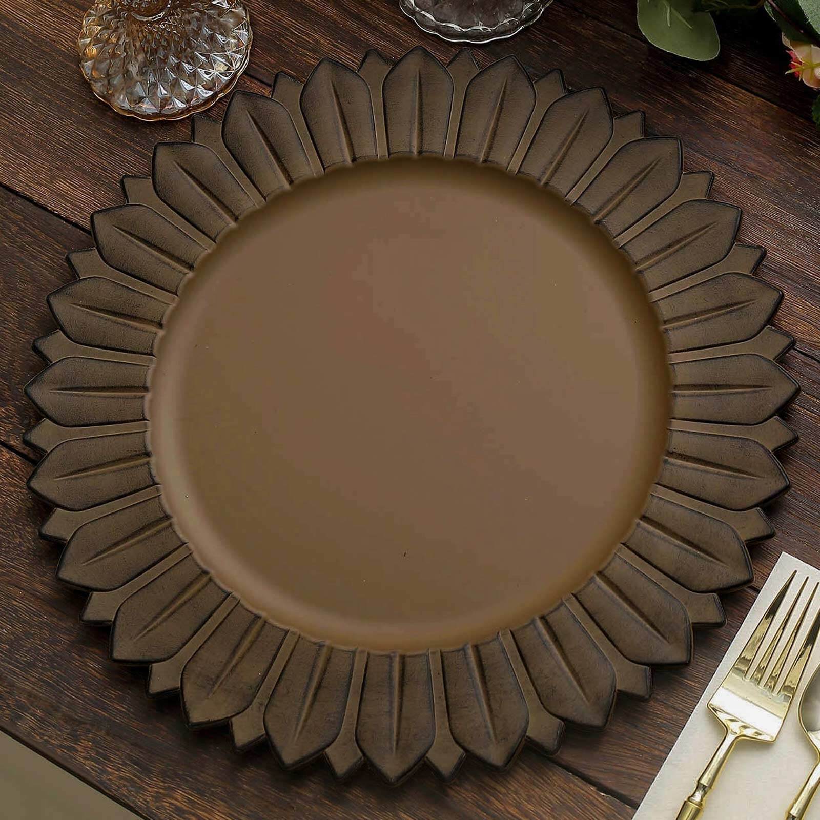 Hot Sale! 6-Pack 13in Plastic Round Disposable Dinner Charger Plates with Sunflower Rim, Matte Natural Finish