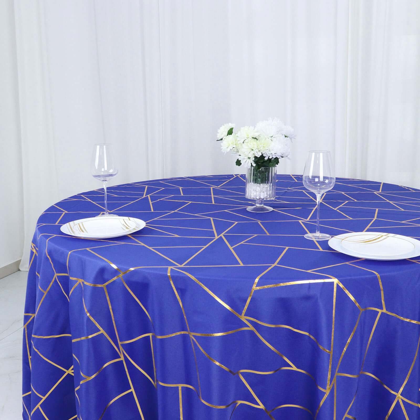 Wrinkle-Resistant Seamless Royal Blue Polyester Round Tablecloth with Gold Foil Geometric Design, 120' Dia.