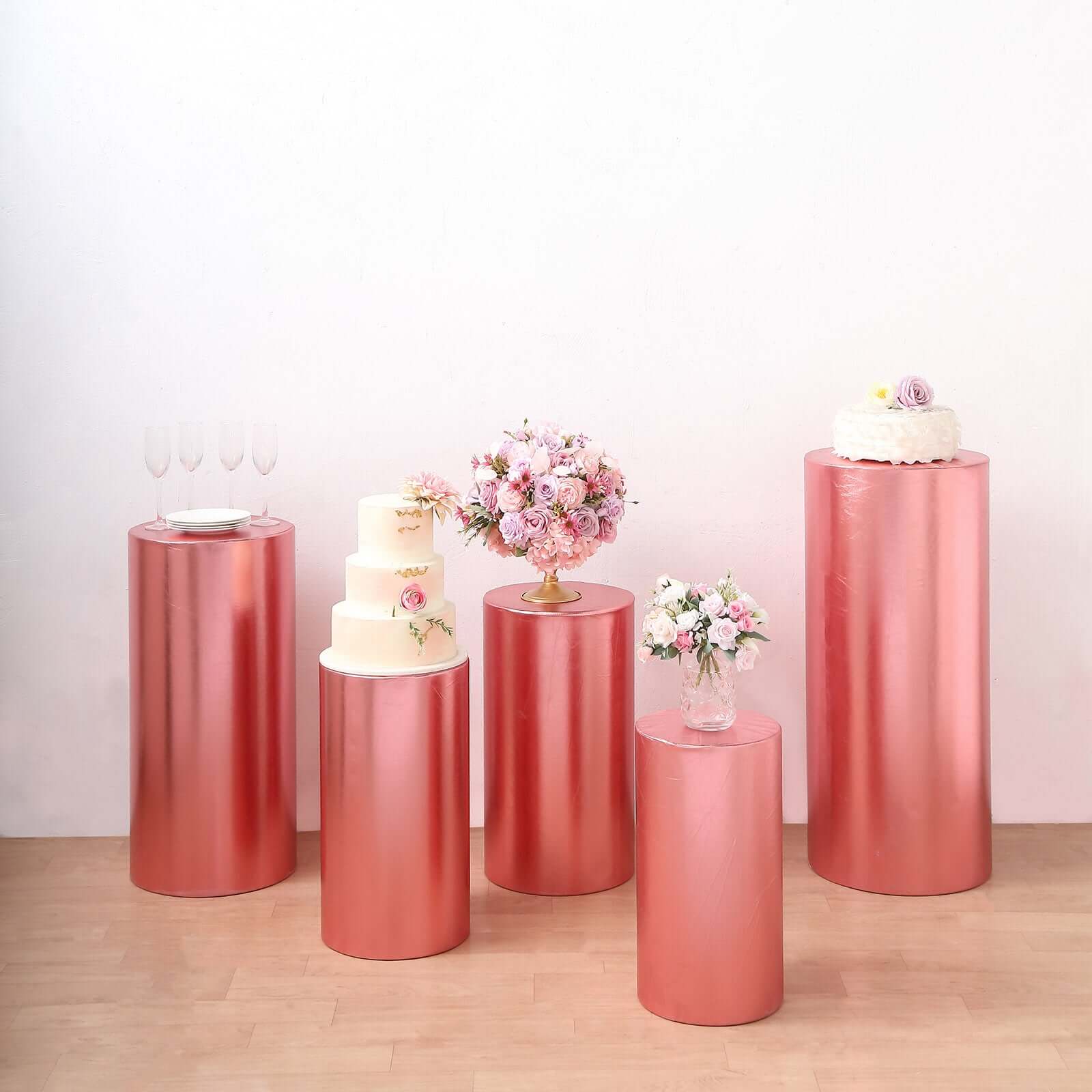 Hot Deal! Set of 5 Rose Gold Metallic Spandex Stretchable Pedestal Stand Covers - 130 GSM
