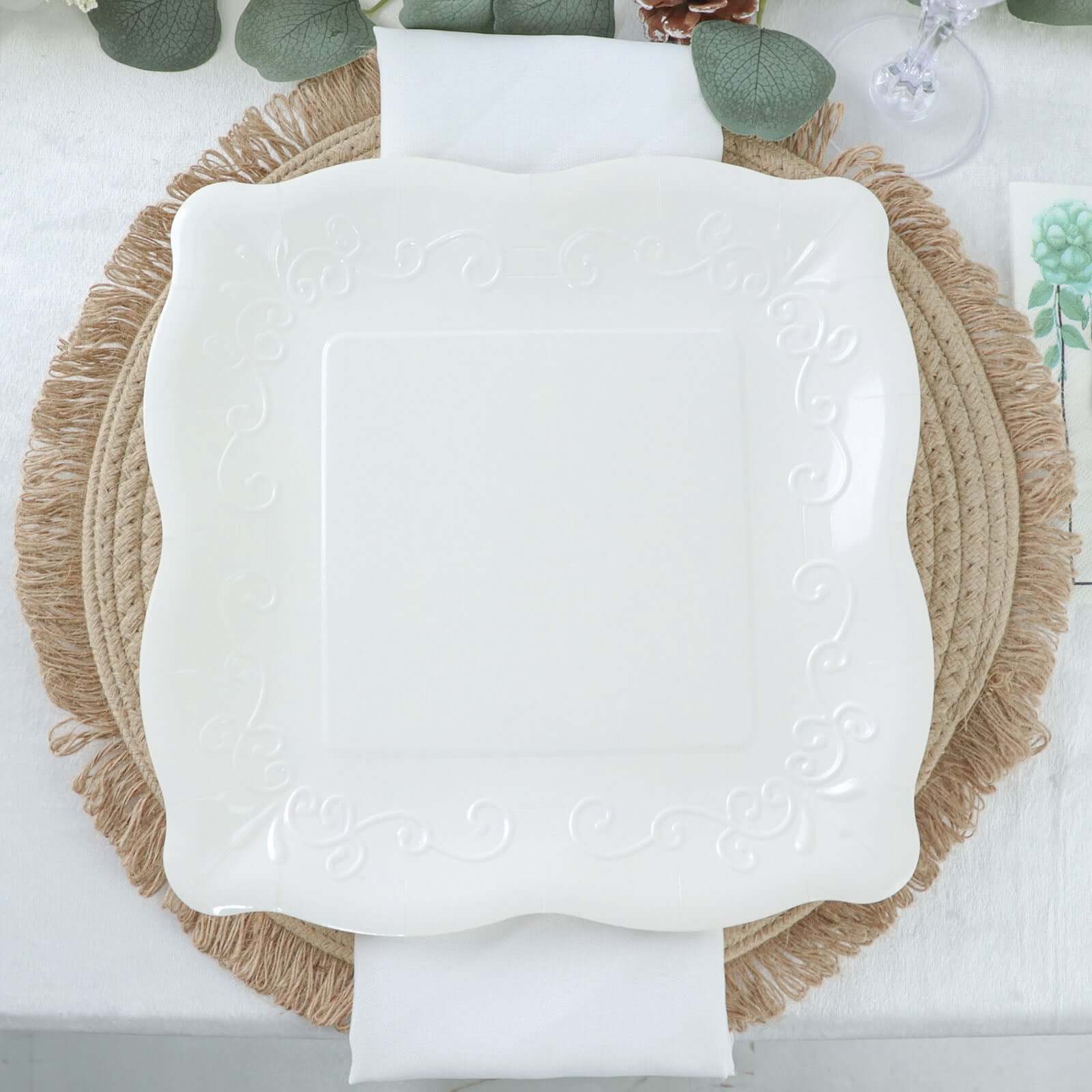 25-Pack Disposable White Square Dinner Plates with Vintage Pottery Embossed Design - Great Value!