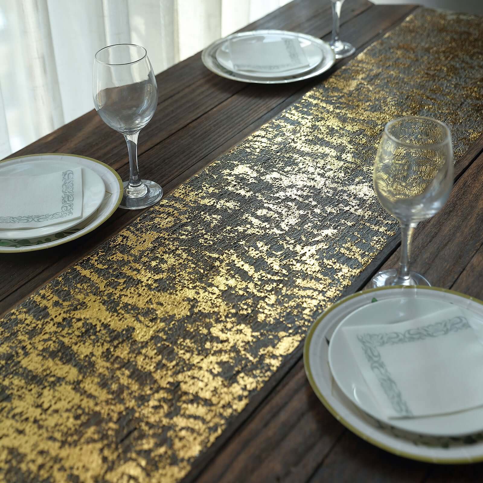 Hot! Disposable Metallic Gold Polyester Table Runner Roll with Distressed Foil Printing for Party Decor