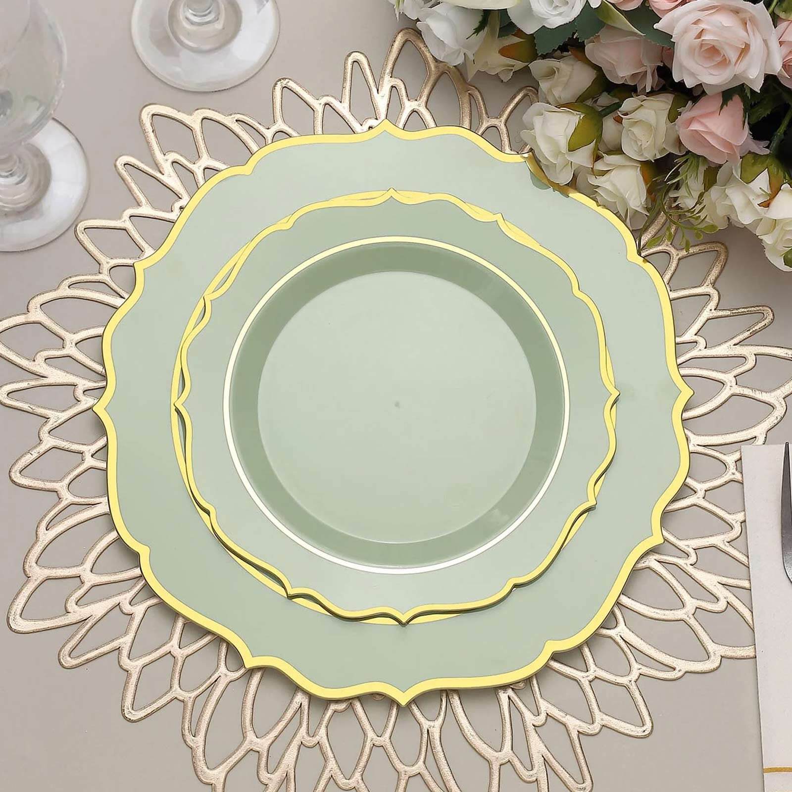 Hot Deal! 10-Pack Disposable Plastic Round Salad Plates in Sage Green with Gold Scalloped Rim, 8-Inch