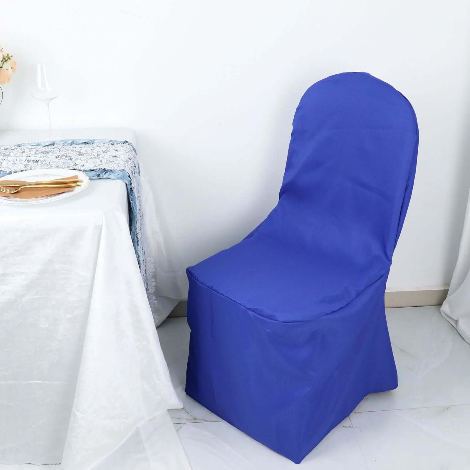 10-Pack Royal Blue Polyester Slip-On Chair Covers for Banquets - Stain & Wrinkle Resistant
