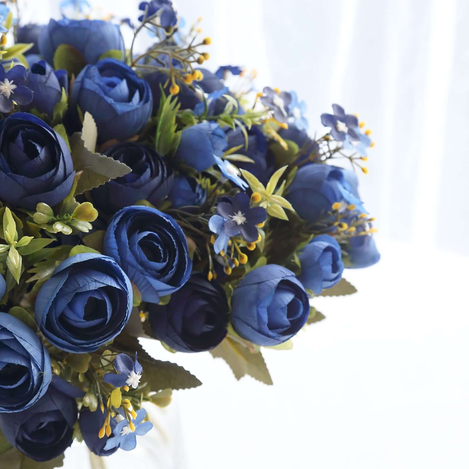 4-Pack Navy Blue Artificial Ranunculus Silk Flower Bouquets for Bridal and Decor