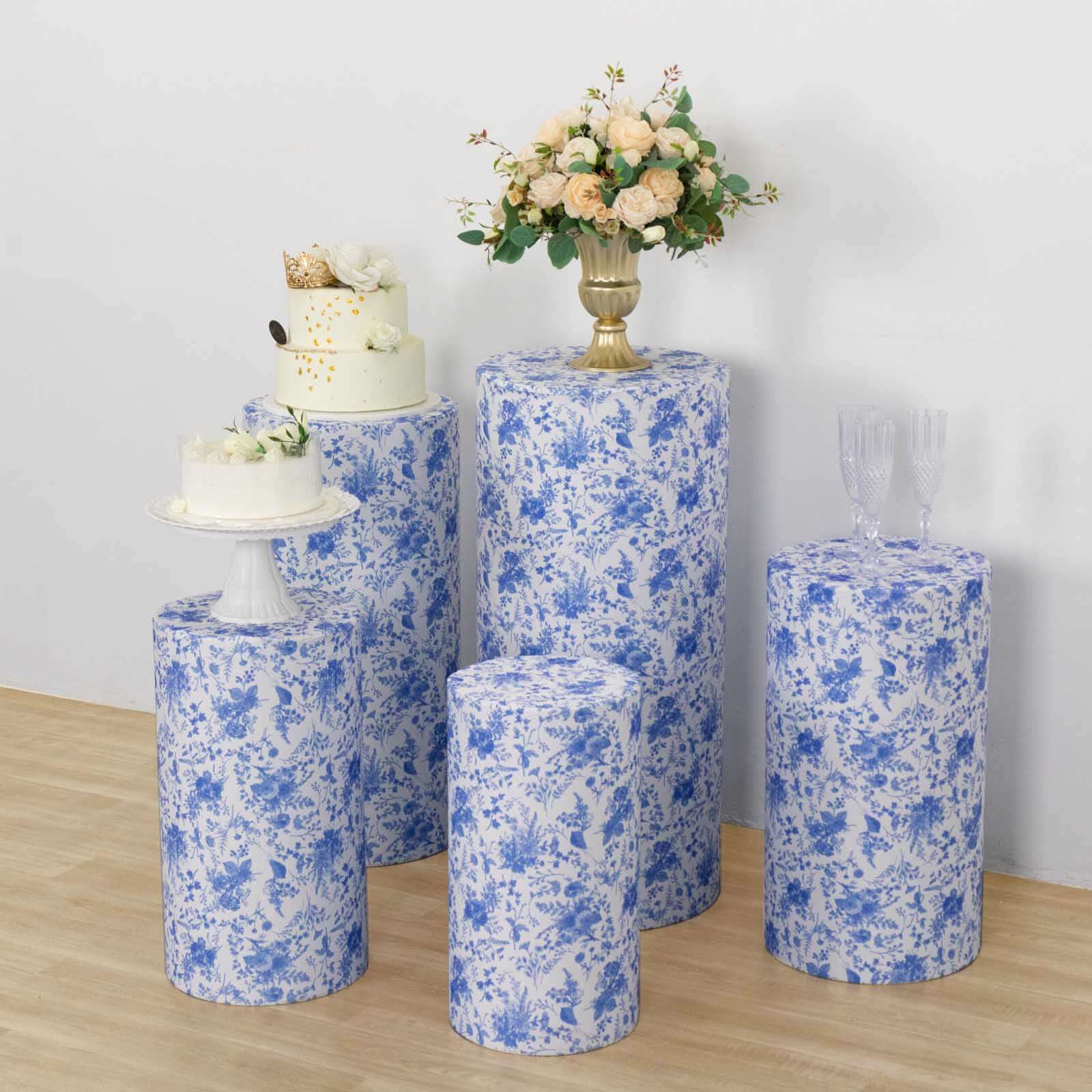 5-Piece Set of Stretchable White and Blue French Toile Floral Spandex Cylinder Pedestal Stand Covers, 160 GSM