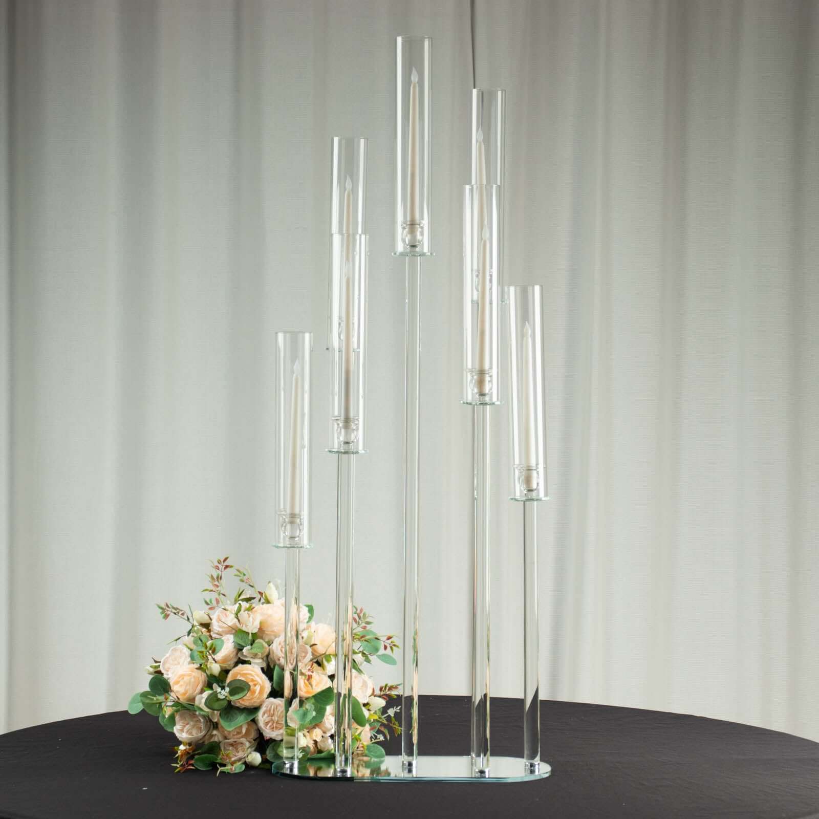 7-Arm Clear Crystal Candelabra with Hurricane Shades - Perfect Wedding Centerpiece