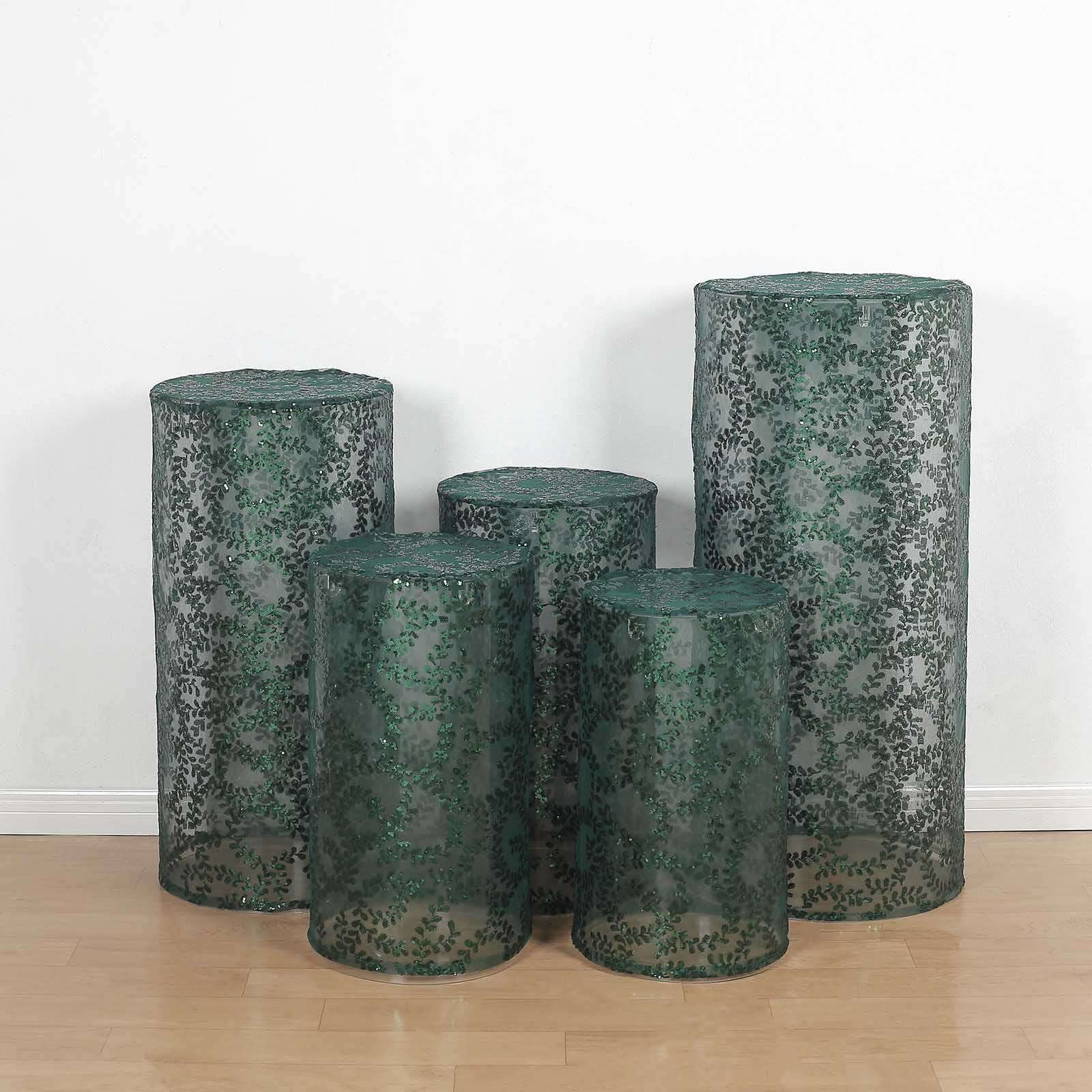 Hot Deal! Set of 5 Sparkly Hunter Emerald Green Sequin Mesh Cylinder Pedestal Stand Covers with Leaf Vine Embroidery