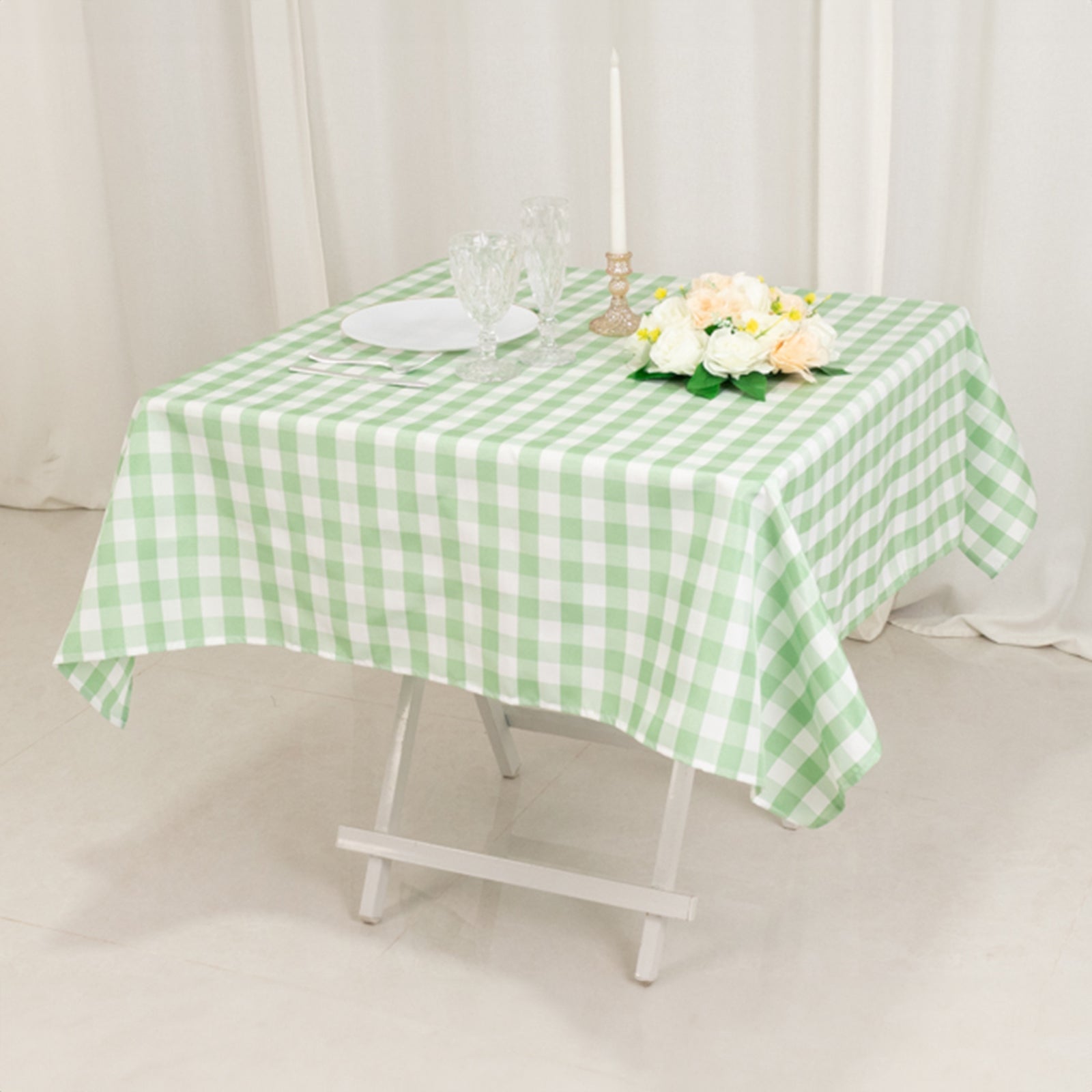 Get This Stylish 54x54 Polyester Square Tablecloth in White/Sage Green - Buffalo Plaid for Casual Tables
