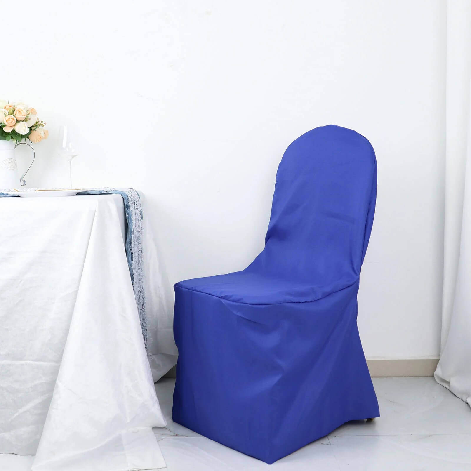 10-Pack Royal Blue Polyester Slip-On Chair Covers for Banquets - Stain & Wrinkle Resistant