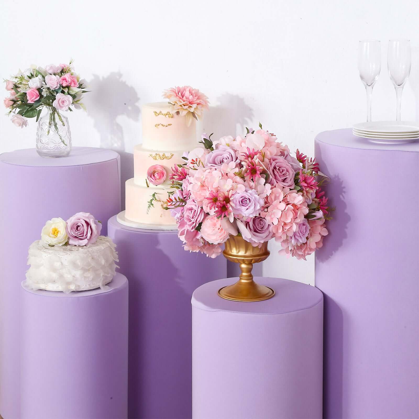 Hot Sale! Set of 5 Lavender Spandex Cylinder Pedestal Stand Covers for Various Decorations
