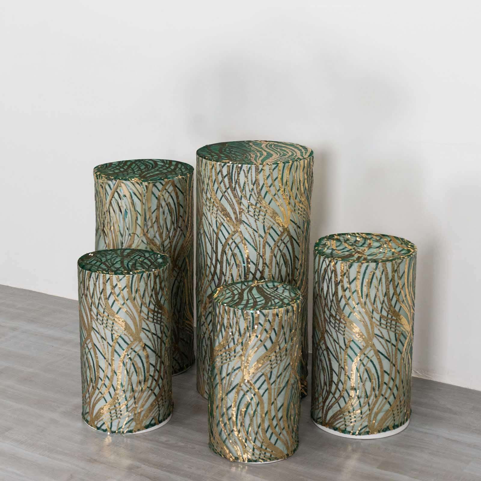 Hot Deal! Set of 5 Emerald Green Wave Sequin Mesh Cylinder Pedestal Stand Covers