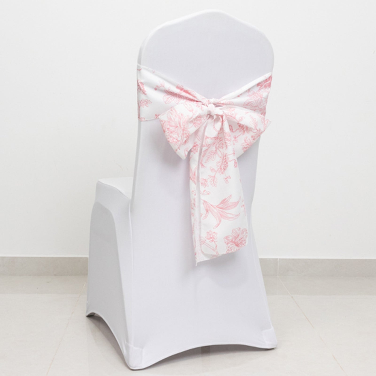 Hot Sale! Wrinkle-Resistant & Durable Polyester Chair Sashes in White/Pink French Toile Floral Design, 6x108