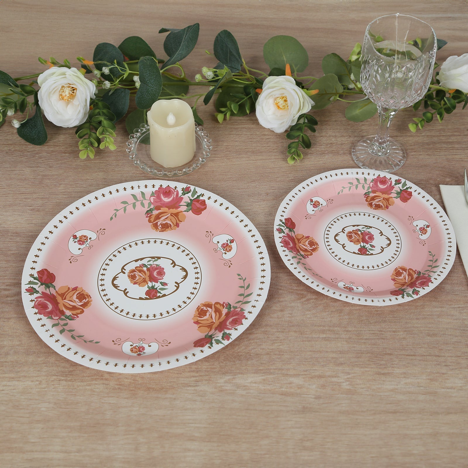 25-Piece Set of 7-Inch Dusty Rose Disposable Paper Dessert Plates with Vintage Rose Prints