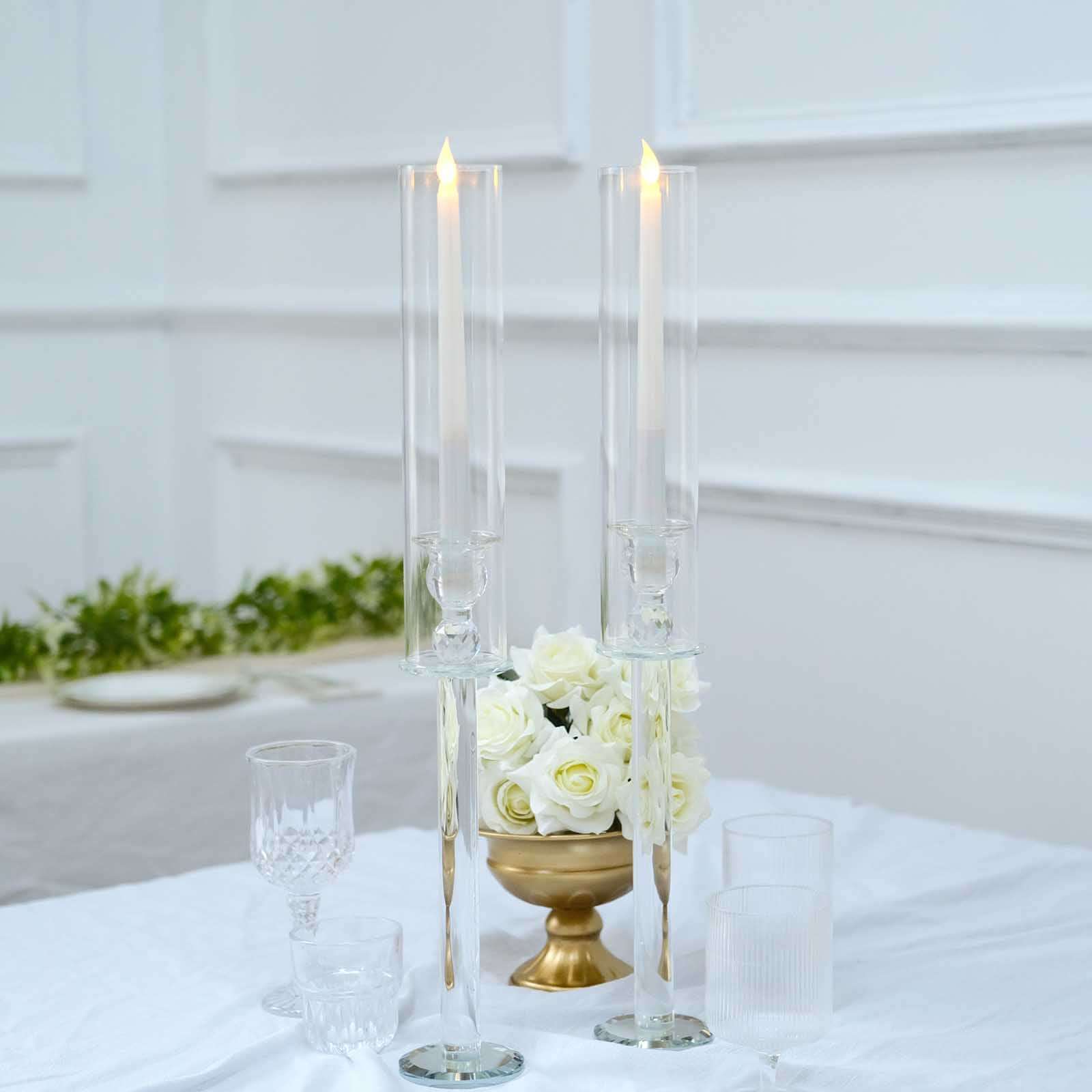 2-Pack Clear Crystal Glass Hurricane Taper Candle Holders, Ideal for Decor