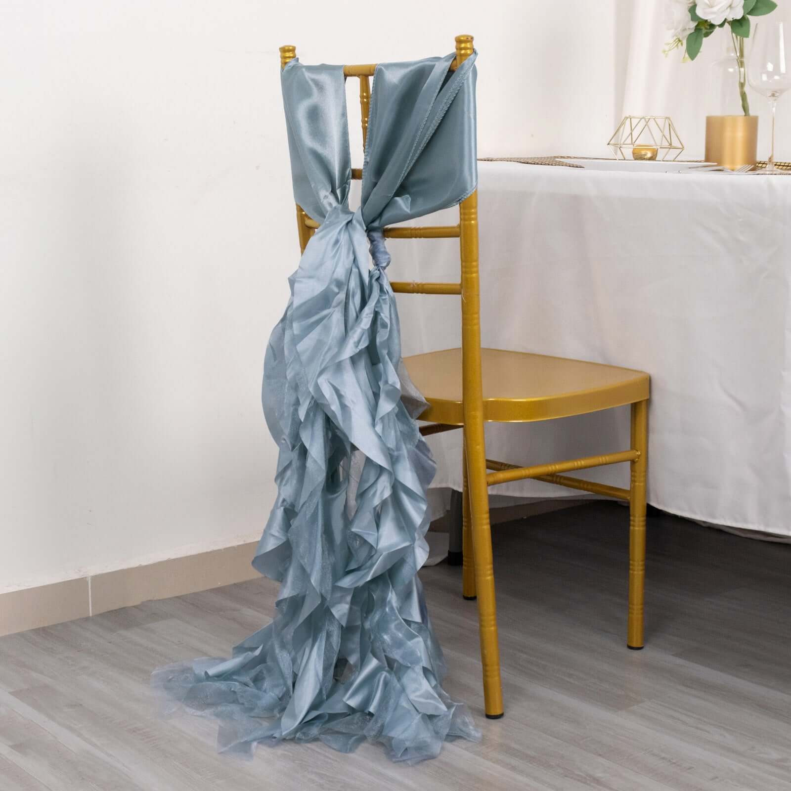 5-Pack Dusty Blue Chiffon Satin Chair Sashes - Easy Install, Curly Willow Style
