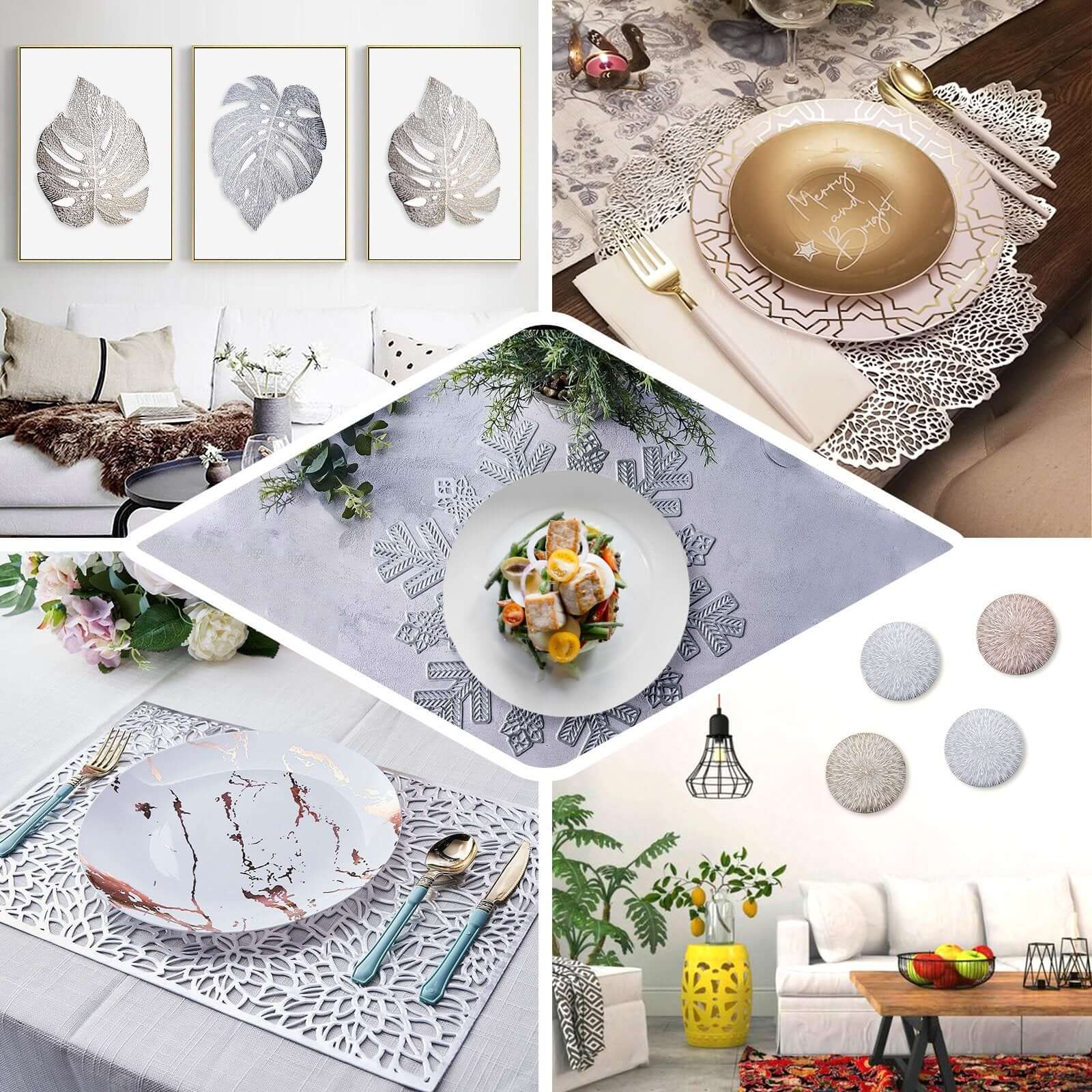 6-Piece Rose Gold Monstera Leaf Design Vinyl Dining Table Mats - Non-Slip for Tropical Decor