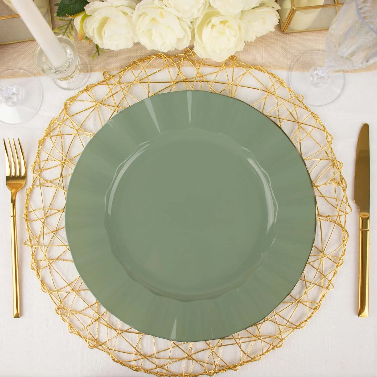 10-Piece Set of Sturdy Disposable 9-Inch Round Dinner Plates in Dusty Sage Green with Gold-Rimmed Ruffle
