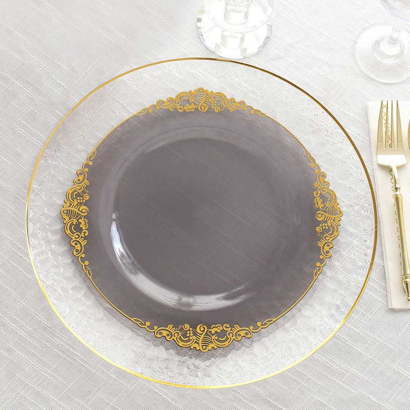 10-Pack Disposable Vintage Baroque Plastic Round Dinner Plates - Transparent Black with Gold Leaf Embossed Rim