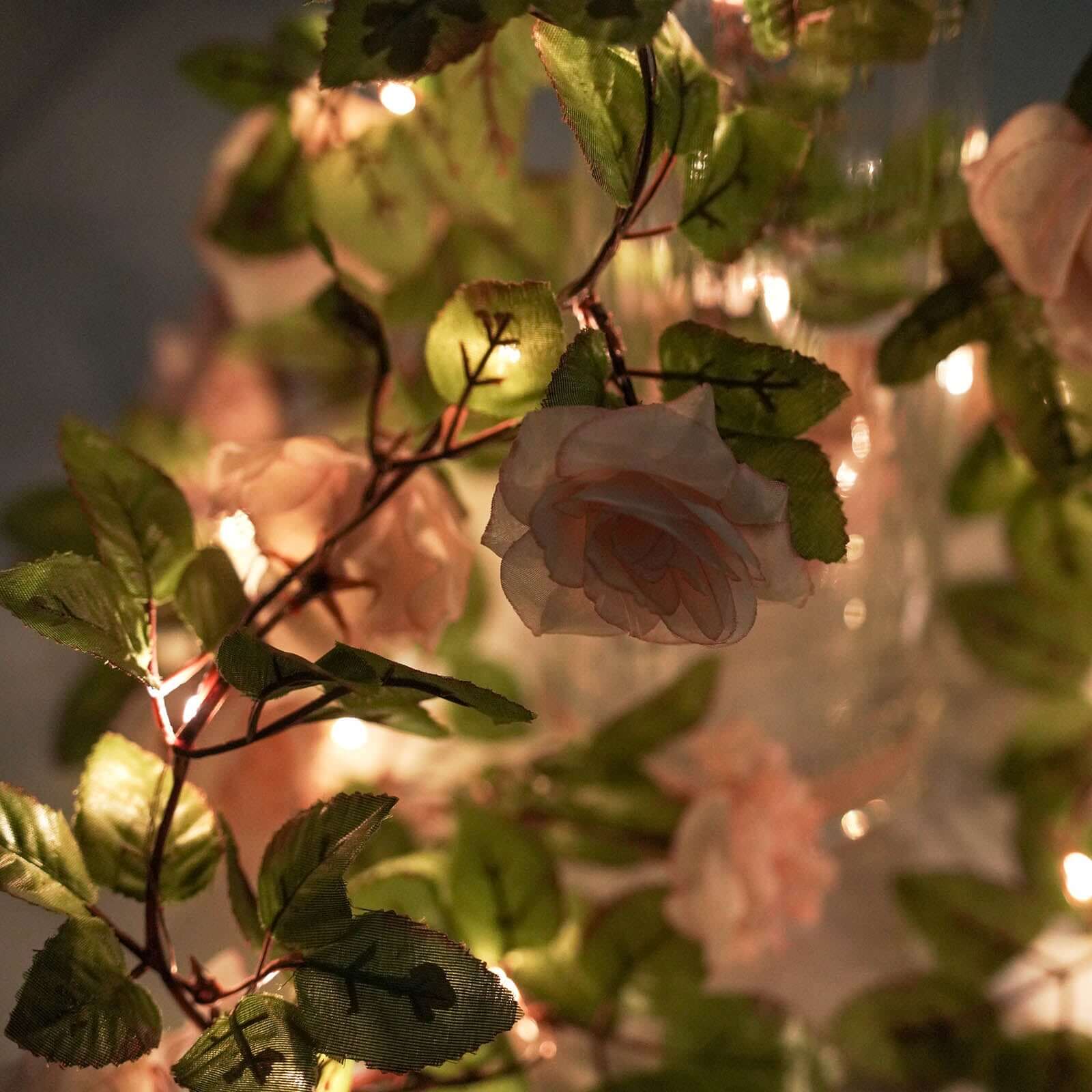 7ft LED Blush Silk Rose Garland with Warm White Battery - Operated Lights, Perfect for Decor