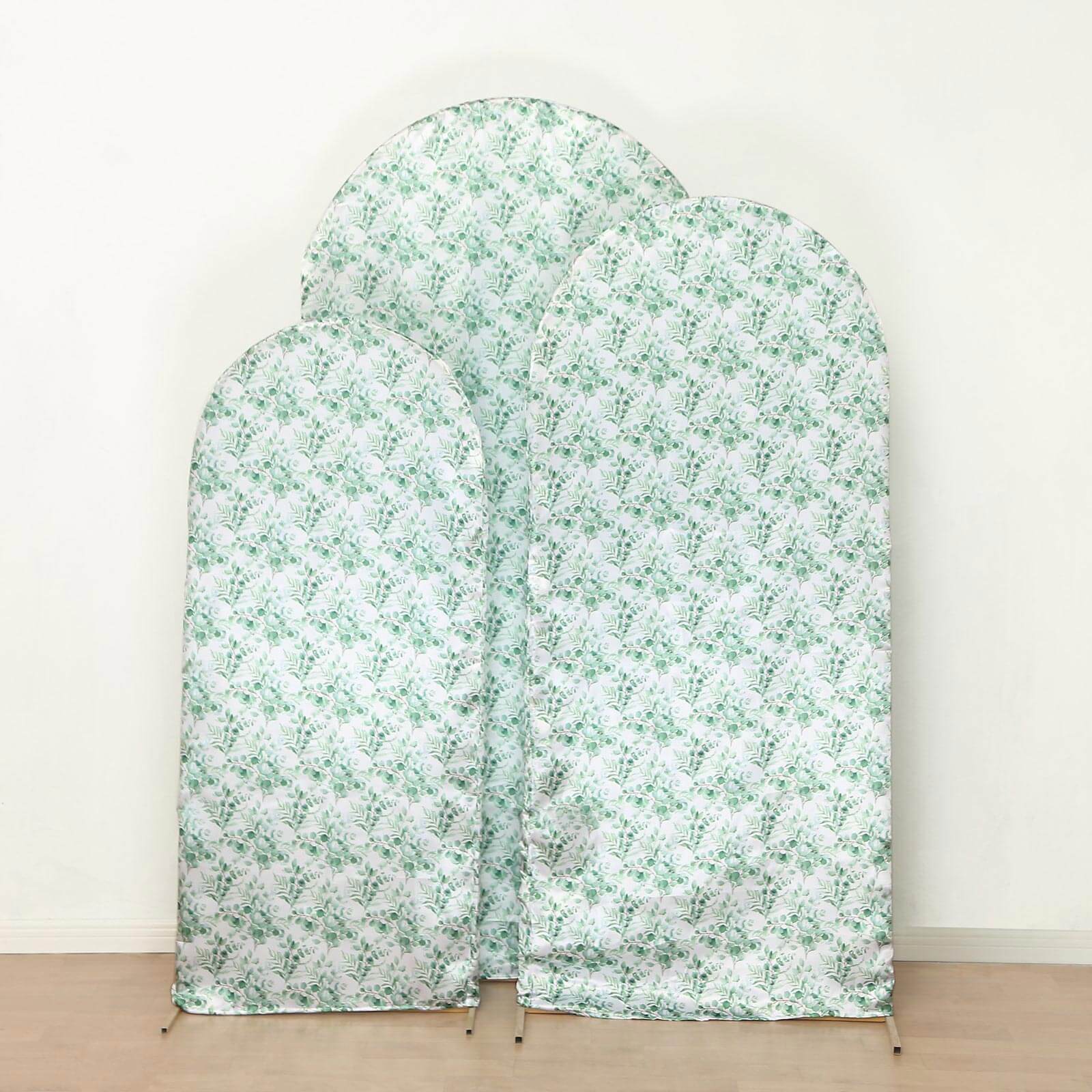 Hot! Set of 3 Satin Wedding Arch Covers with Eucalyptus Leaves Print - 5ft, 6ft, 7ft
