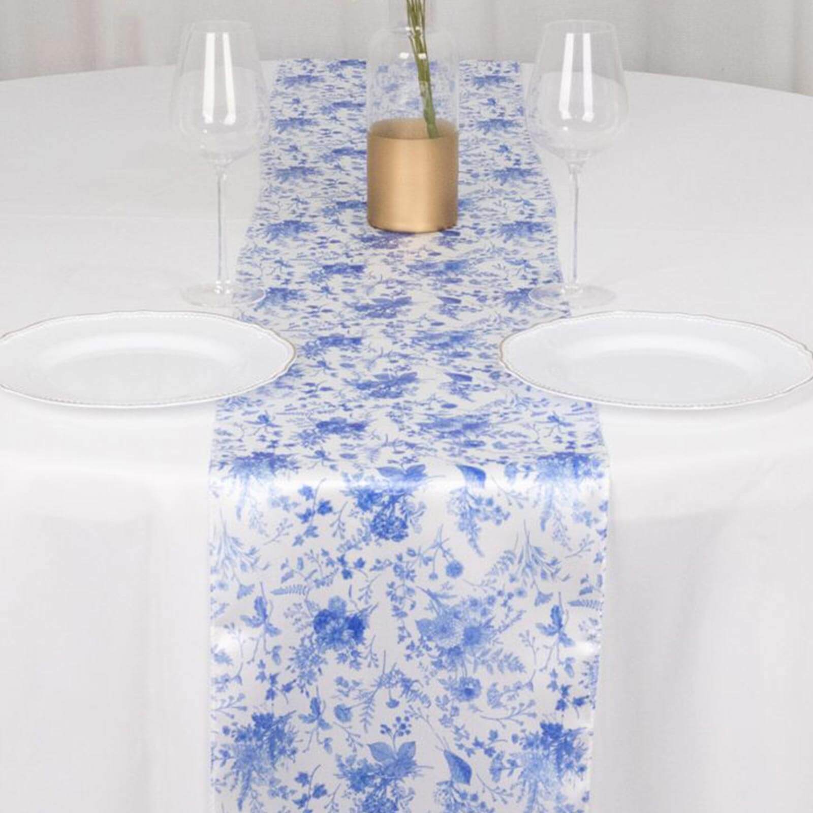 Get This Stunning White & Blue French Toile Floral Satin Table Runner for Upscale Events