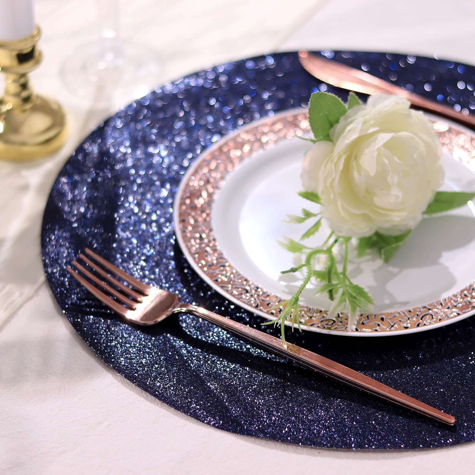 6-Piece Set of Navy Blue Glitter Round Placemats - Non-Slip and Heat-Resistant for Dining Tables