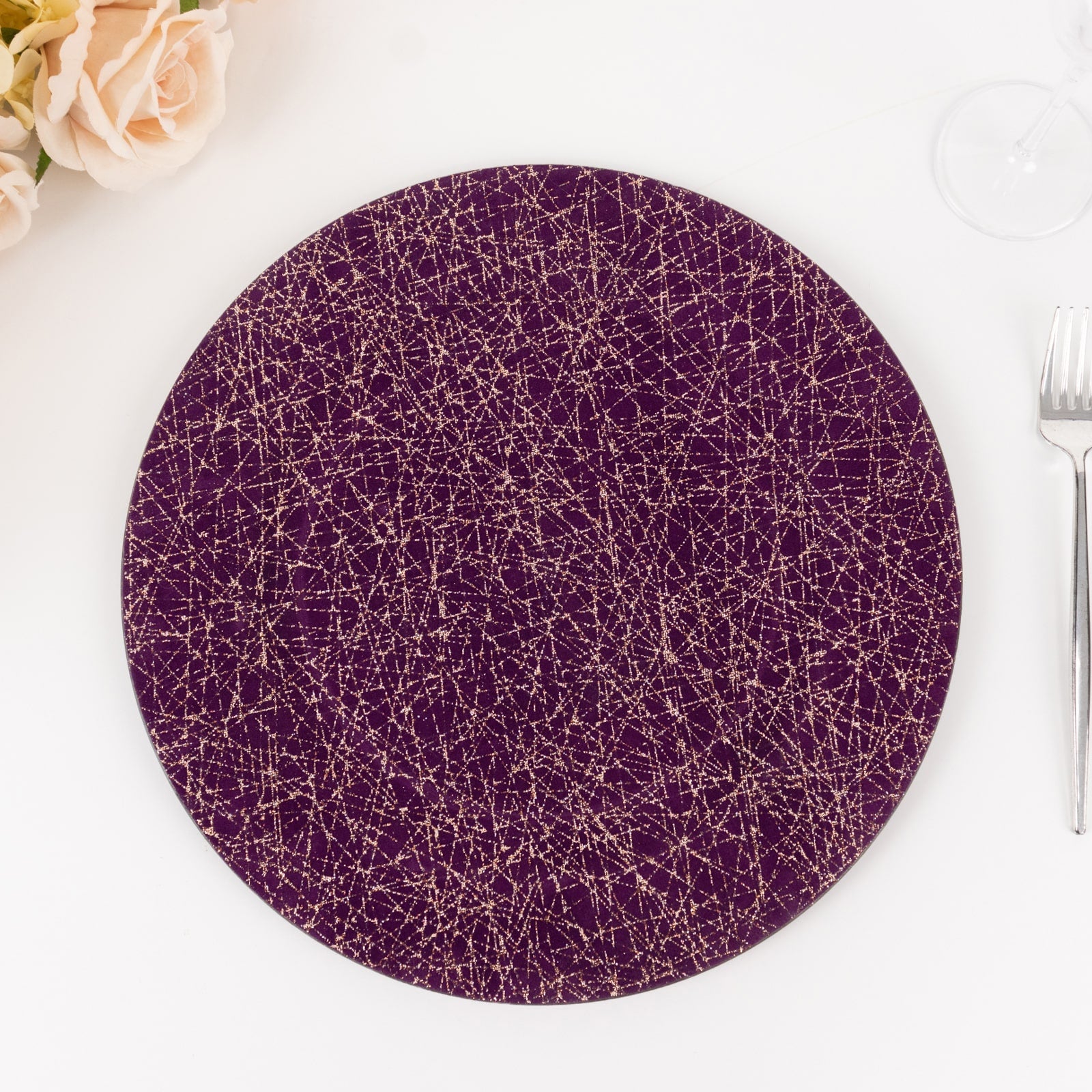 6-Piece Set of 13-Inch Purple Acrylic Round Charger Plates with Gold Glitter Abstract Design - Ideal for Parties