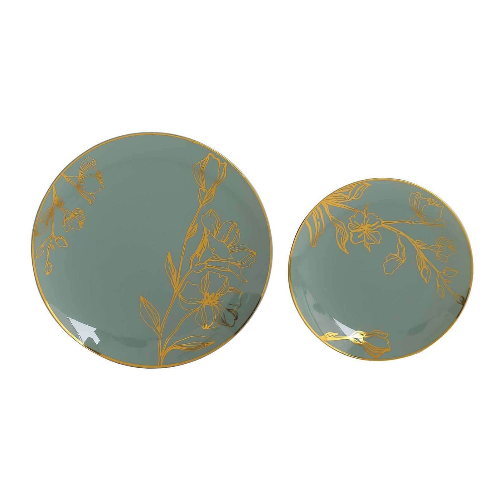 20-Piece Set of Disposable Plastic Dinner and Dessert Plates in Dusty Sage Green with Gold Floral Design