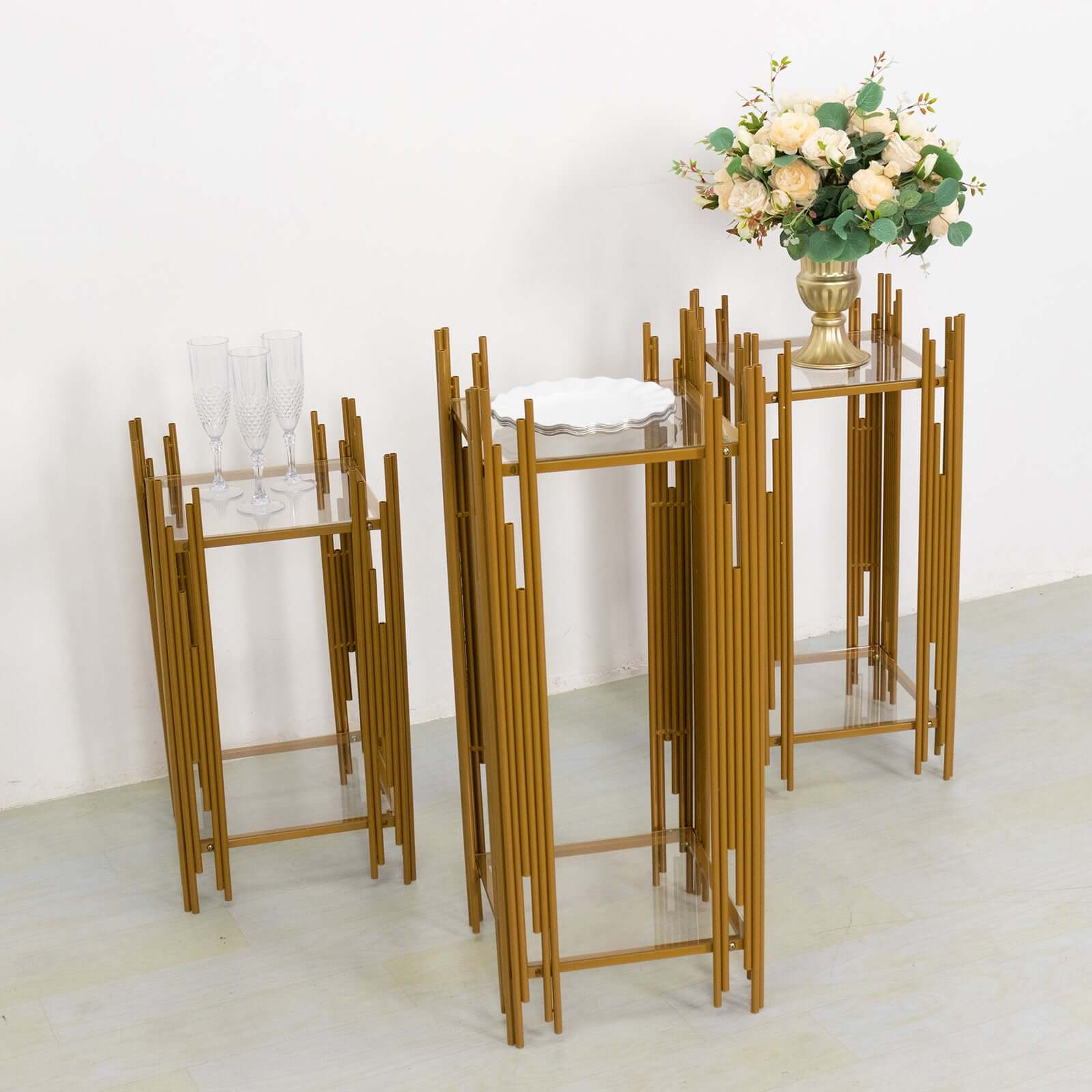 Hot Deal! Set of 3 Gold Metal Wedding Pedestal Stands with Square Acrylic Plates