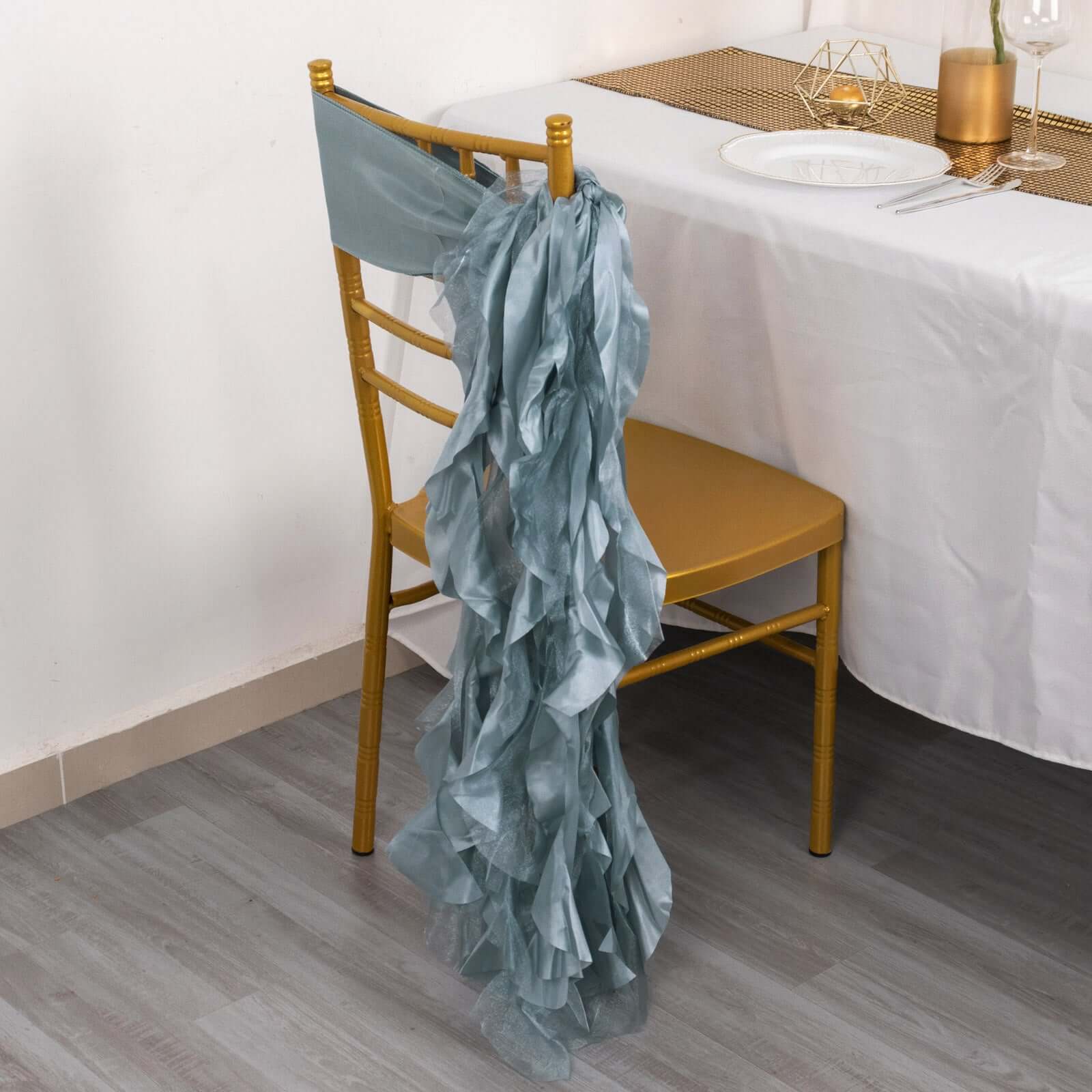 5-Pack Dusty Blue Chiffon Satin Chair Sashes - Easy Install, Curly Willow Style