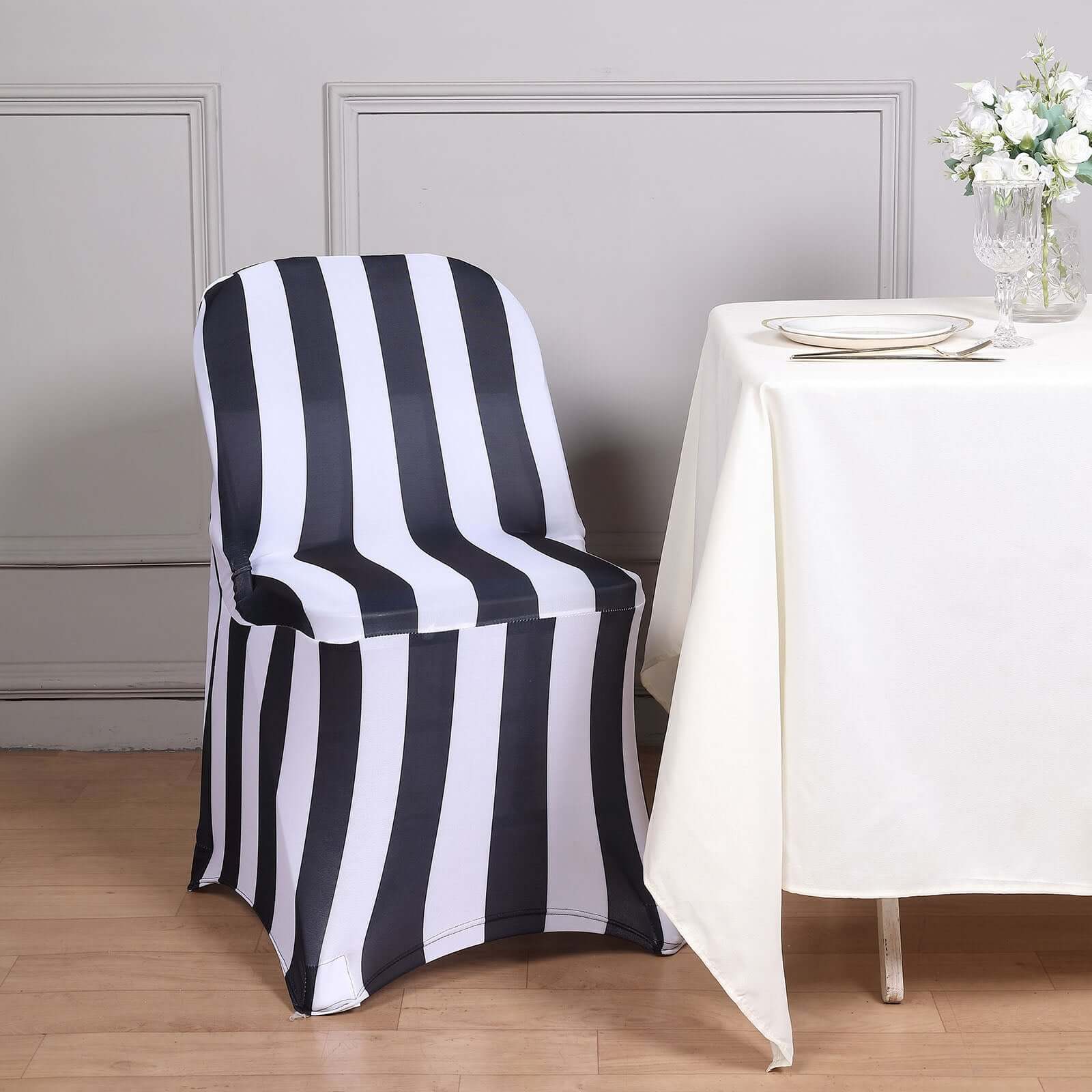 Black/White Vertical Striped 160GSM Stretch Spandex Slipcover for Folding Chairs with Foot Pockets