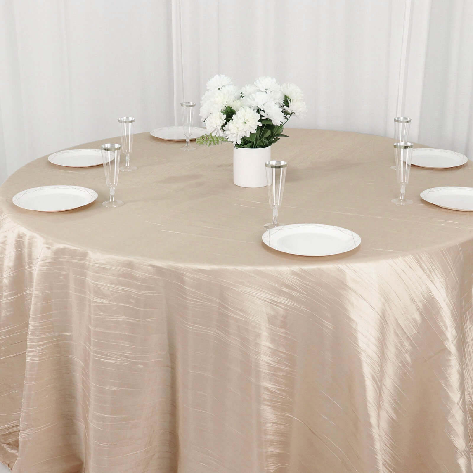 Beige Seamless Accordion Crinkle 132-Inch Taffeta Round Tablecloth