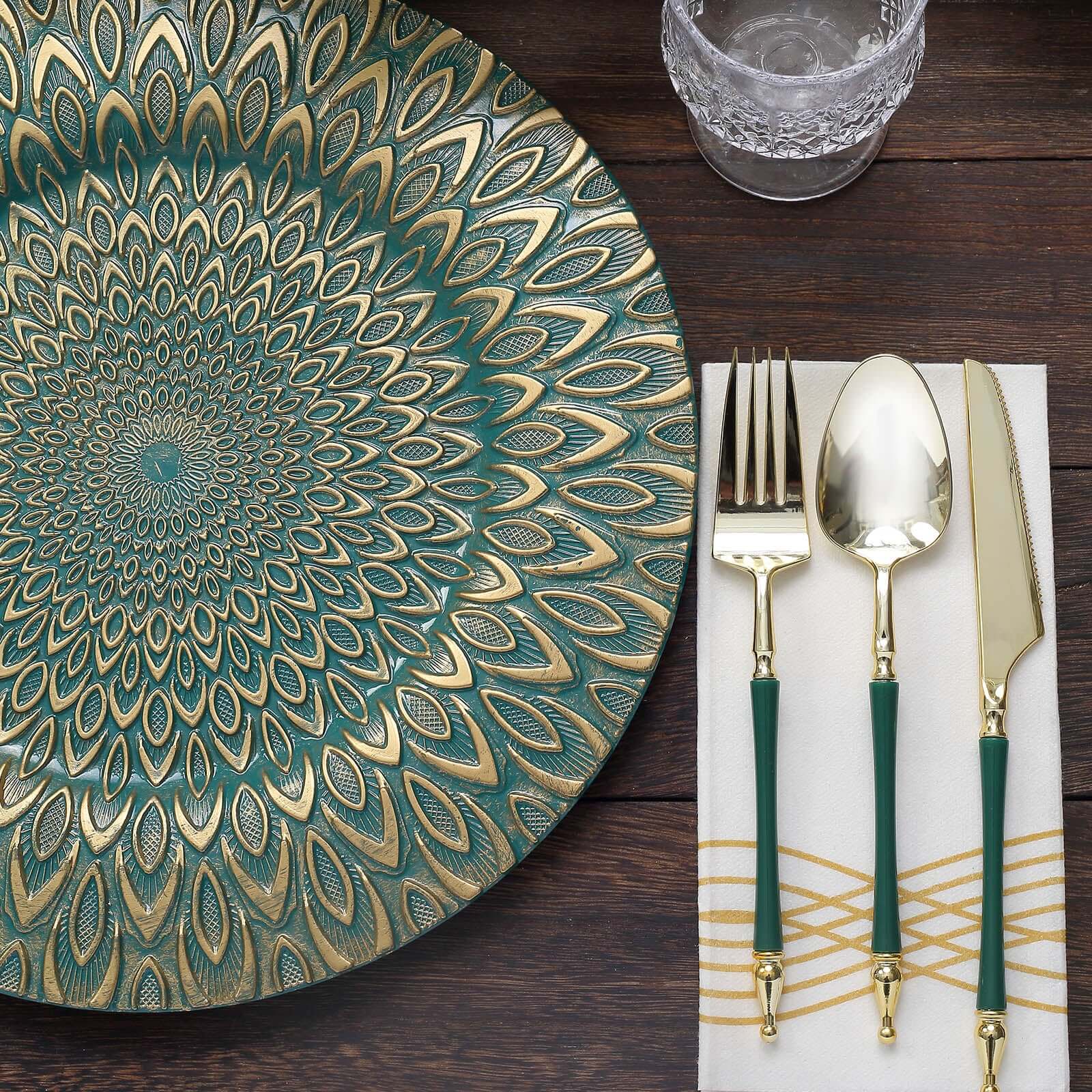 6-Piece Set of 13-Inch Teal Plastic Charger Plates with Gold Embossed Peacock Design